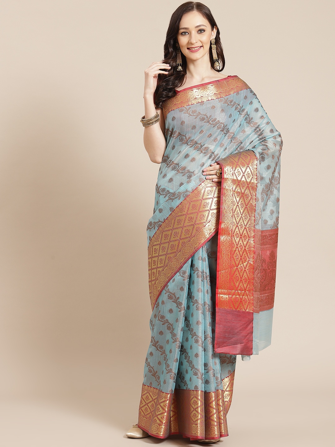 

Banarasi Style Blue Floral Silk Cotton Banarasi Saree