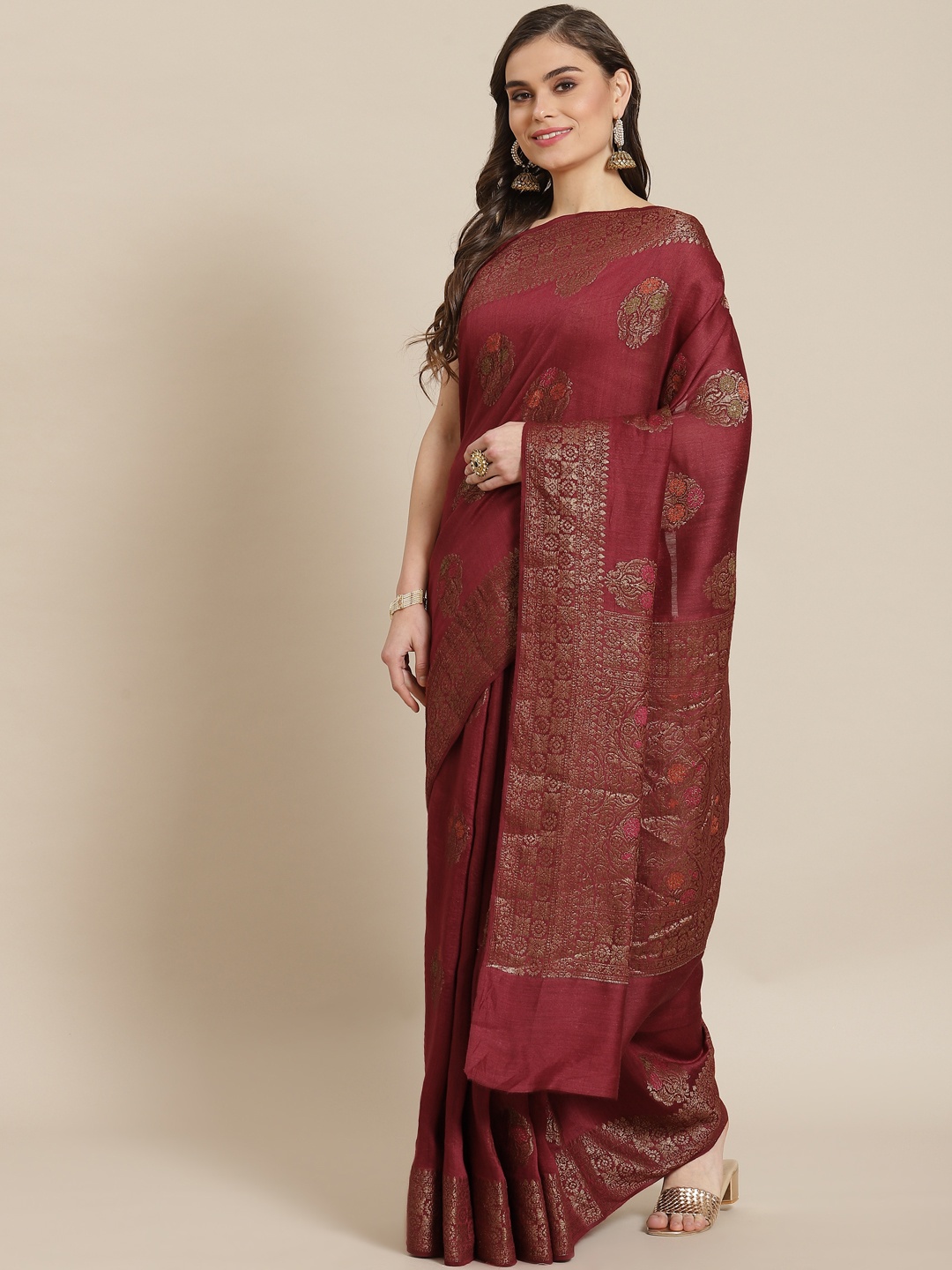 

Banarasi Style Women Maroon & Golden Pure Silk Woven Design Zari Muga Saree