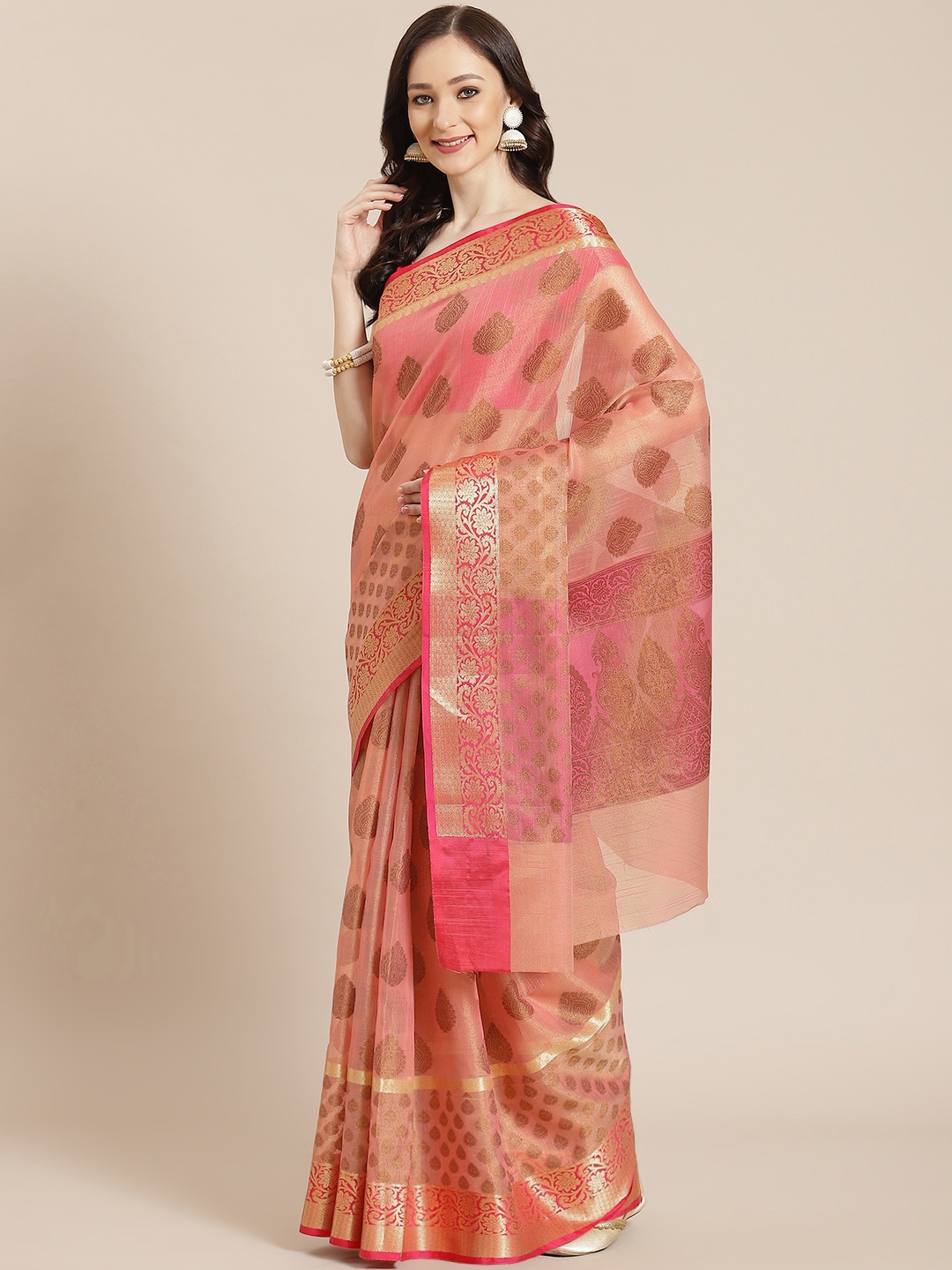 

Banarasi Style Women Pink & Brown Ethnic Motifs Banarasi Saree