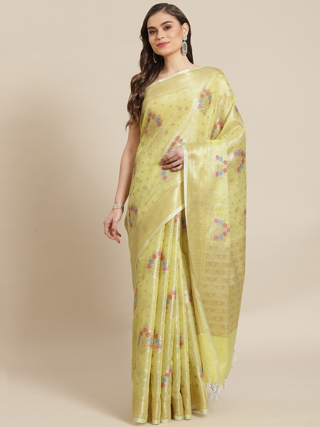 

Banarasi Style Women Yellow & Golden Silk Cotton Zari Woven Design Banarasi Saree