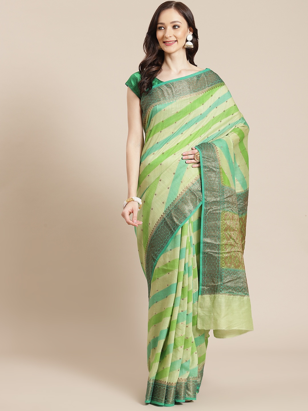 

Banarasi Style Women Green & Grey Ethnic Motifs Banarasi Saree