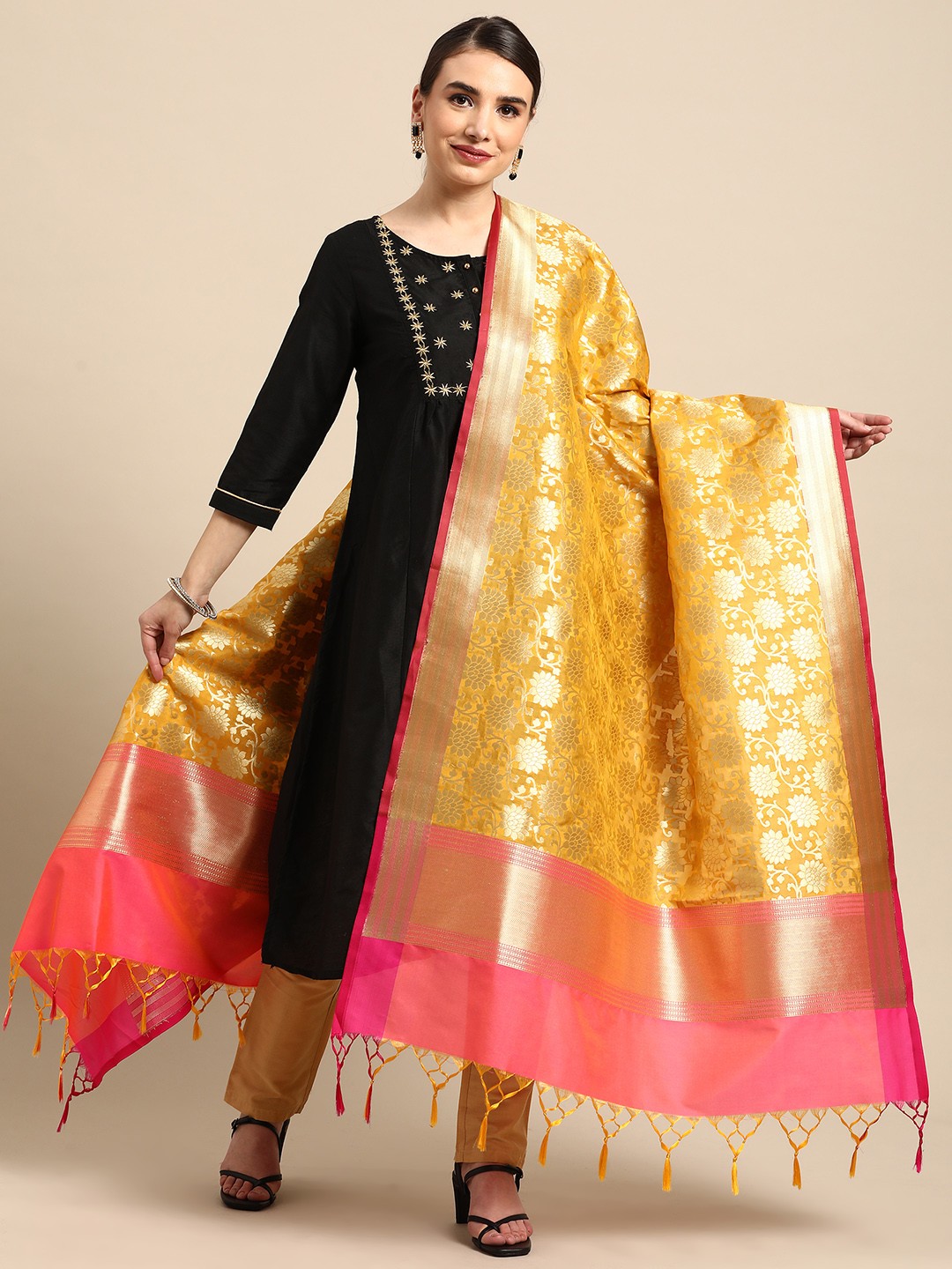 

Banarasi Style Mustard Woven Design Dupatta with Zari