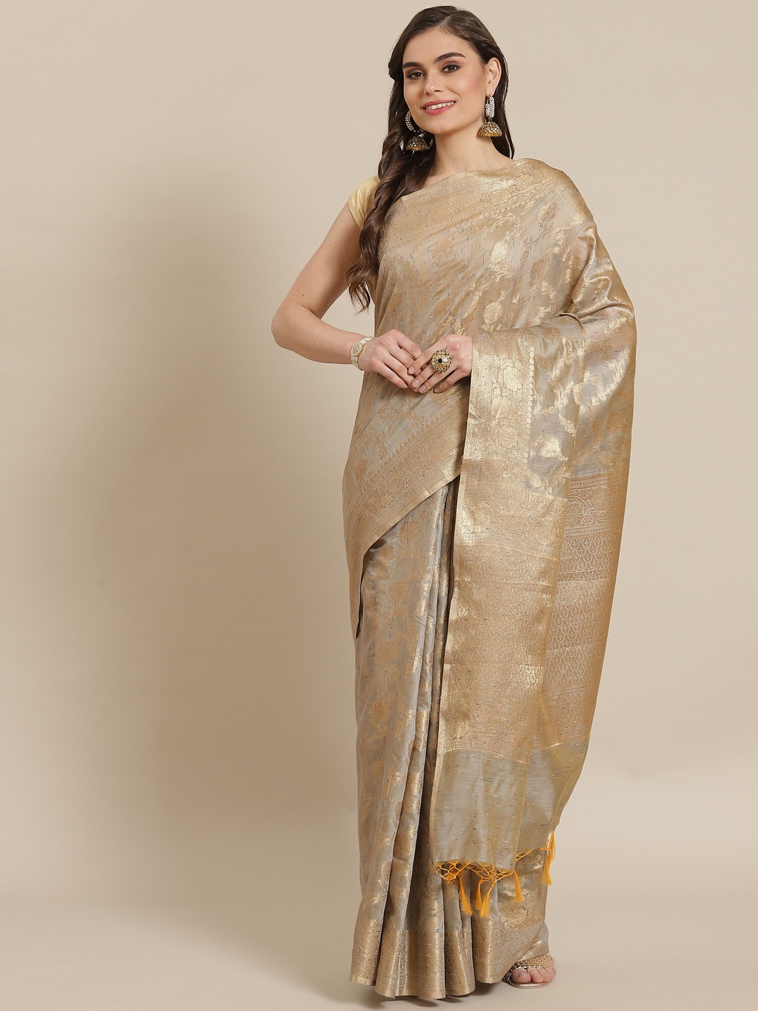 

Banarasi Style Women Beige & Golden Silk Cotton Zari Woven Design Banarasi Saree