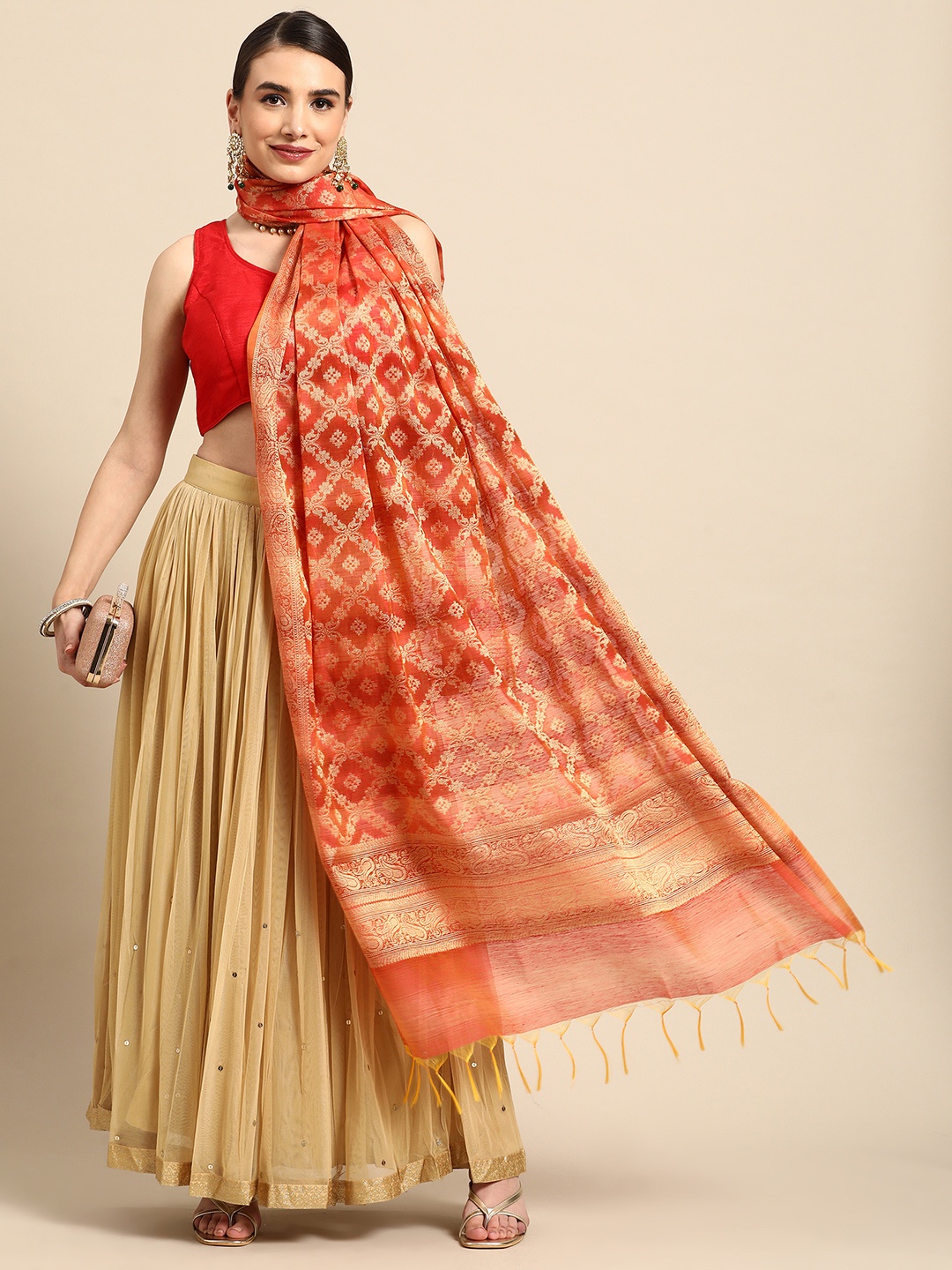 

Banarasi Style Peach-Coloured Woven Design Cotton Silk Dupatta with Zari