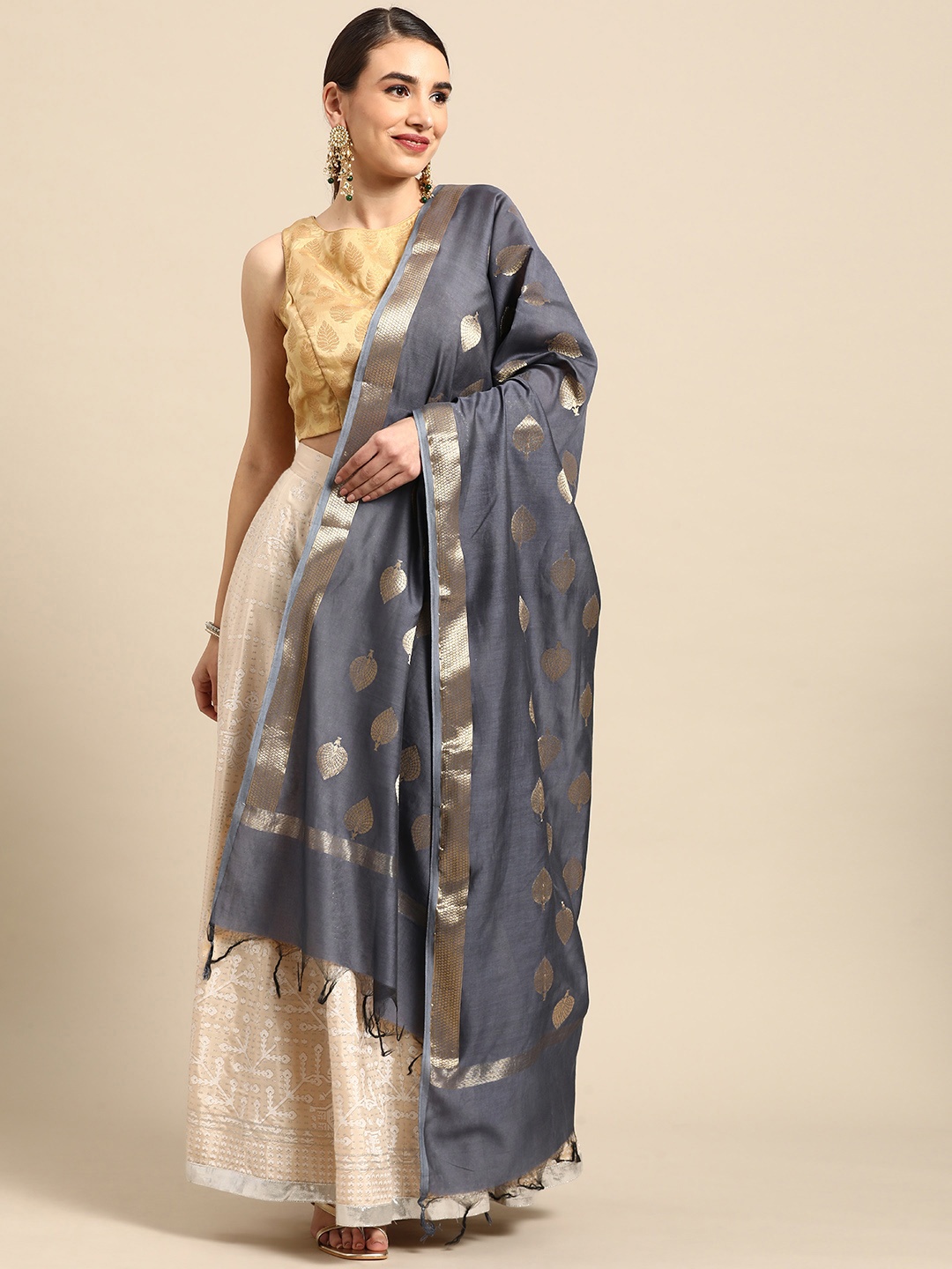 

Banarasi Style Grey Ethnic Motifs Woven Design Cotton Silk Dupatta with Zari