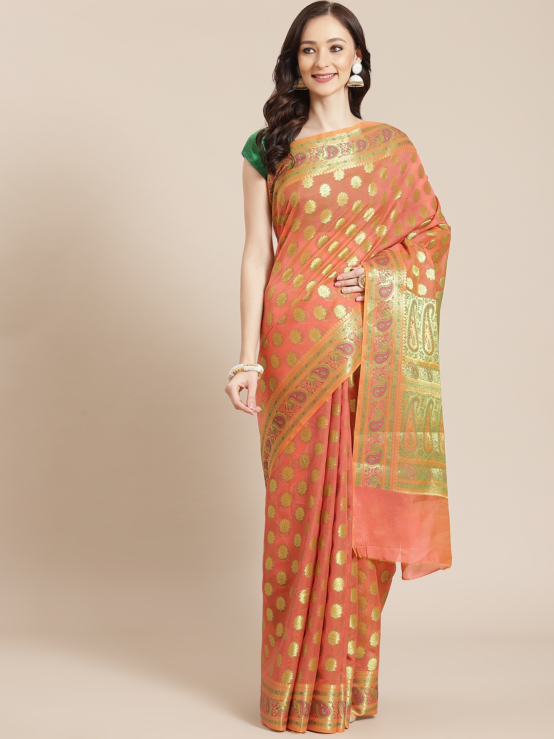 

Banarasi Style Orange Ethnic Motifs Silk Blend Banarasi Saree