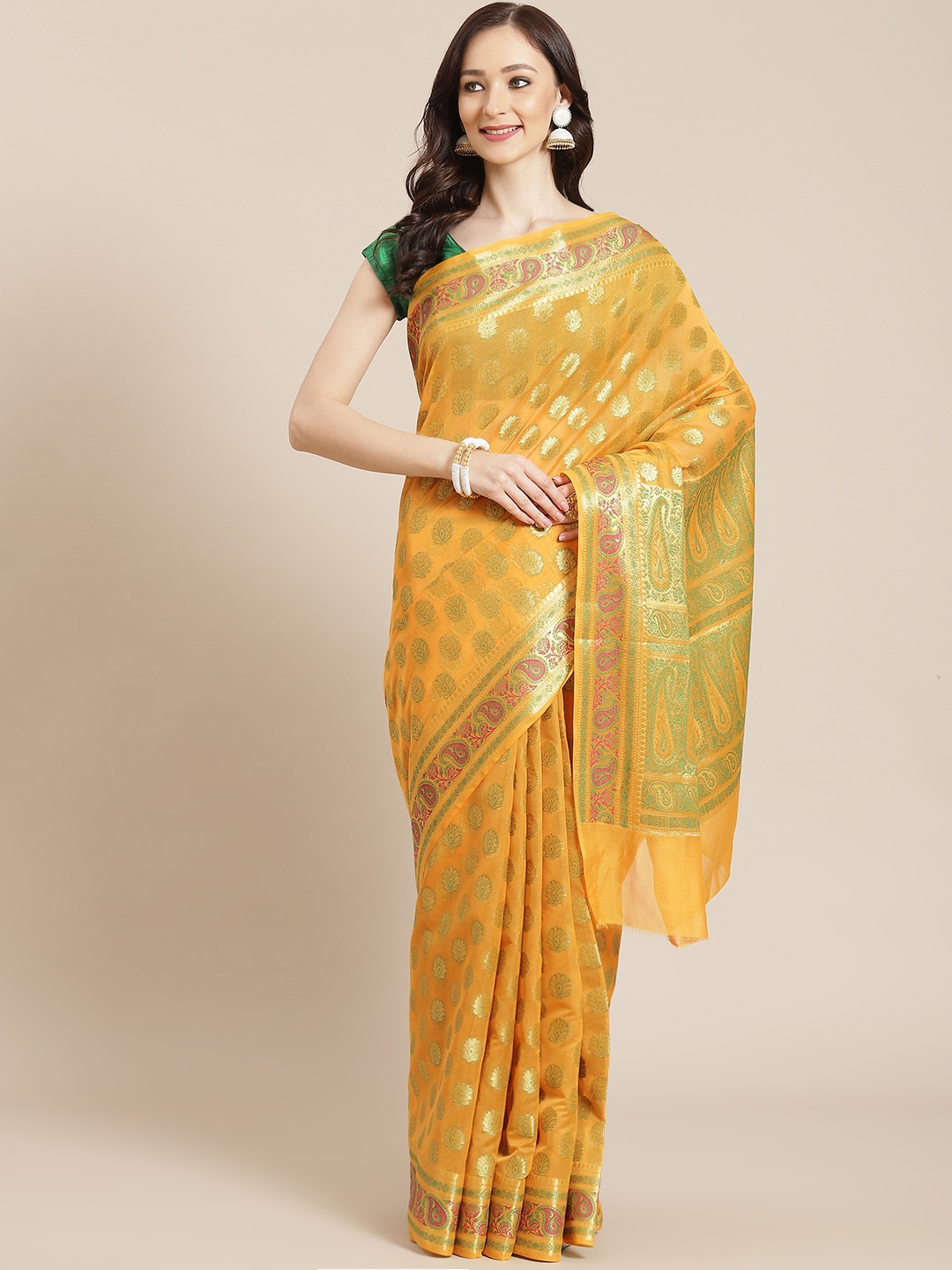 

Banarasi Style Women Mustard Yellow & Green Ethnic Motifs Banarasi Saree