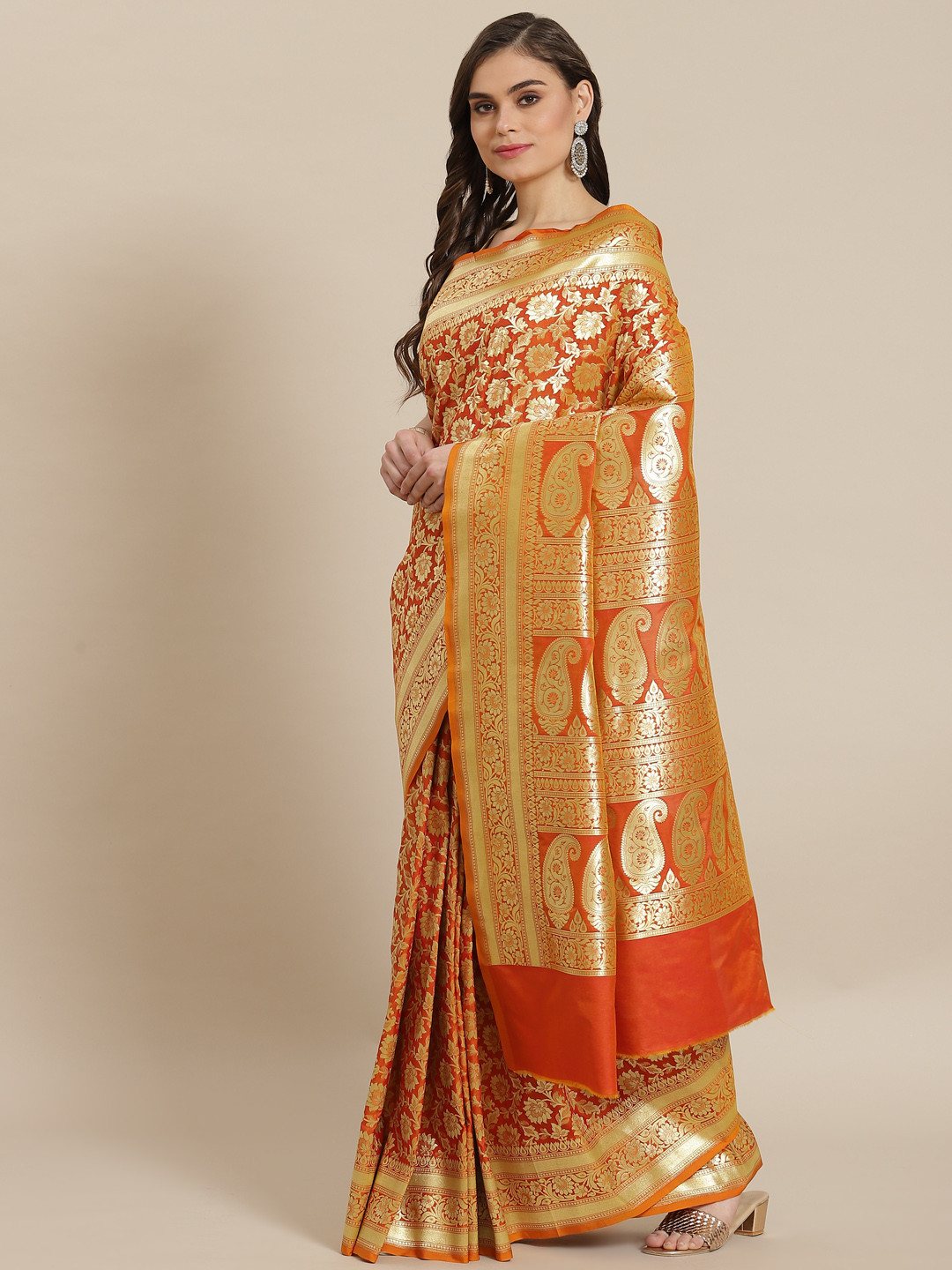 

Banarasi Style Women Orange & Golden Silk Cotton Zari Woven Design Banarasi Saree