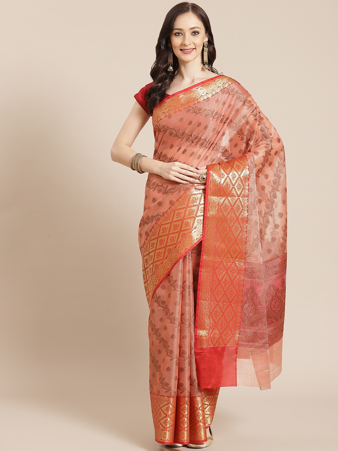 

Banarasi Style Women Pink & Red Ethnic Motifs Banarasi Saree