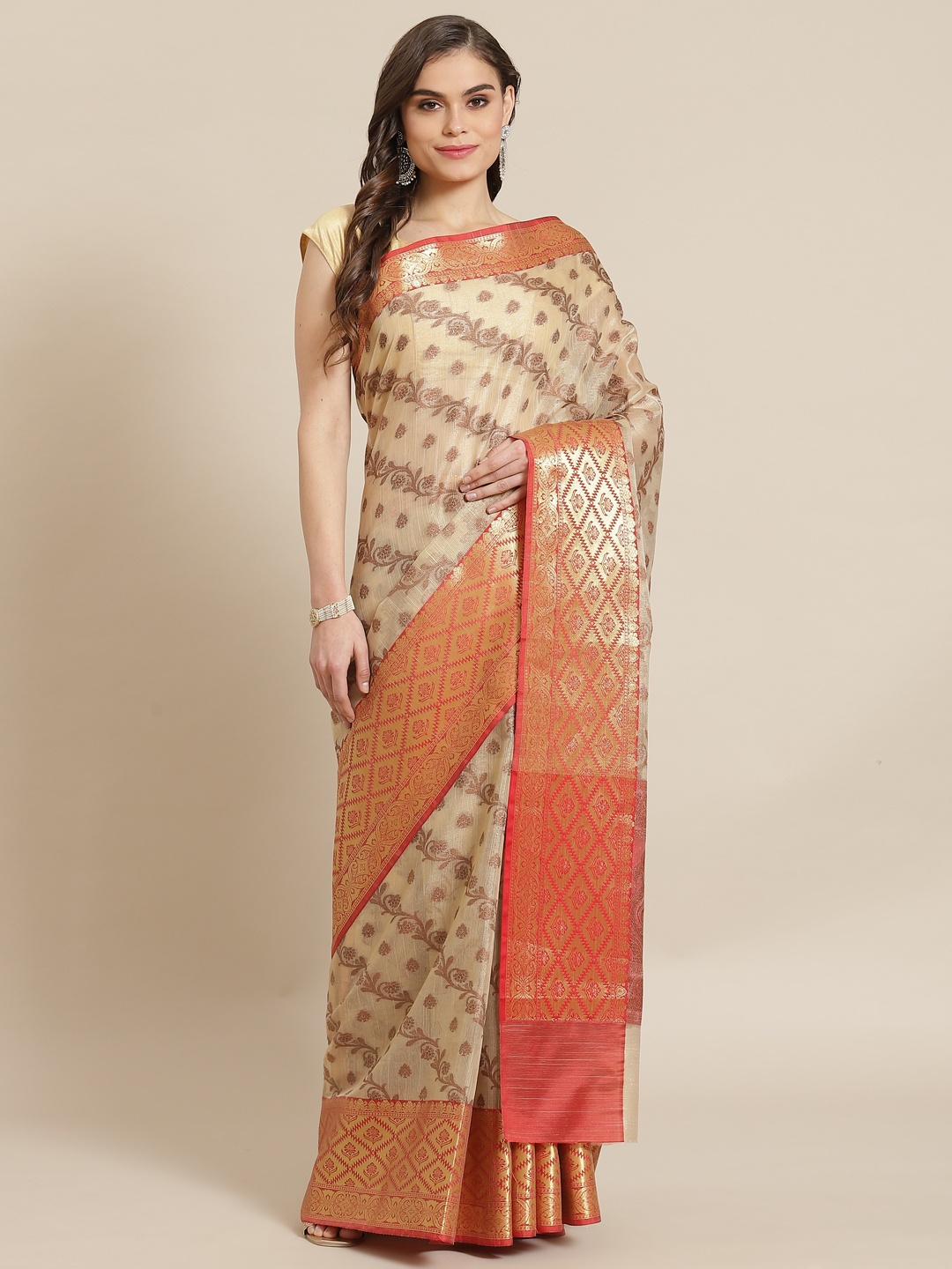 Banarasi Style Women Beige & Red Silk Cotton Zari Woven Design Banarasi Saree