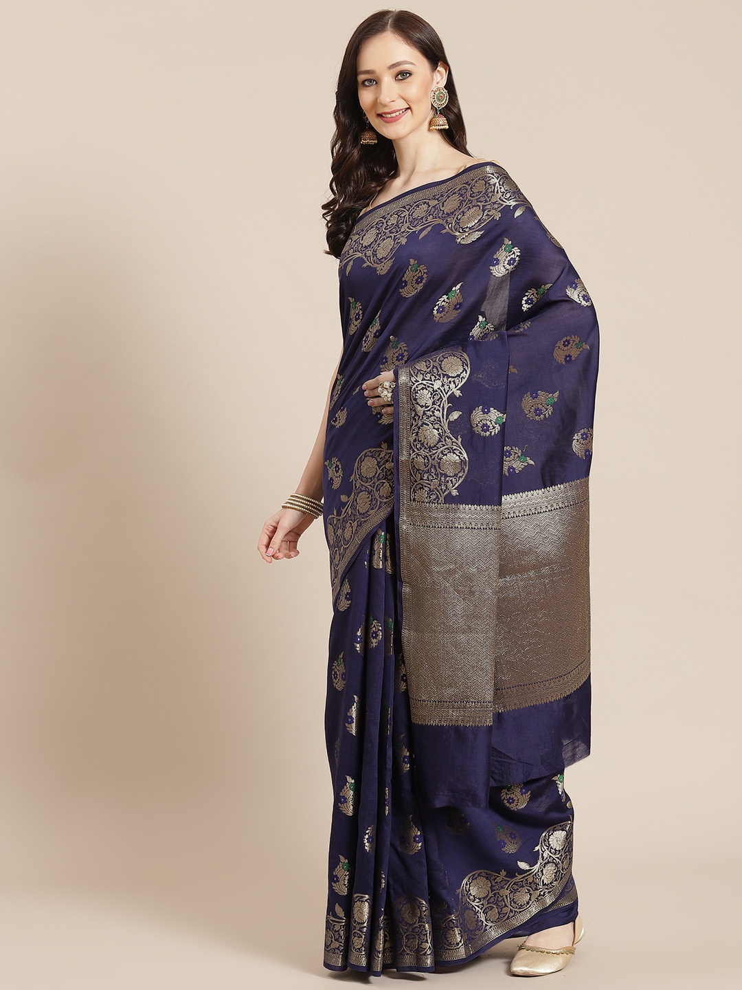 

Banarasi Style Women Navy Blue & Golden Ethnic Motifs Pure Cotton Banarasi Saree
