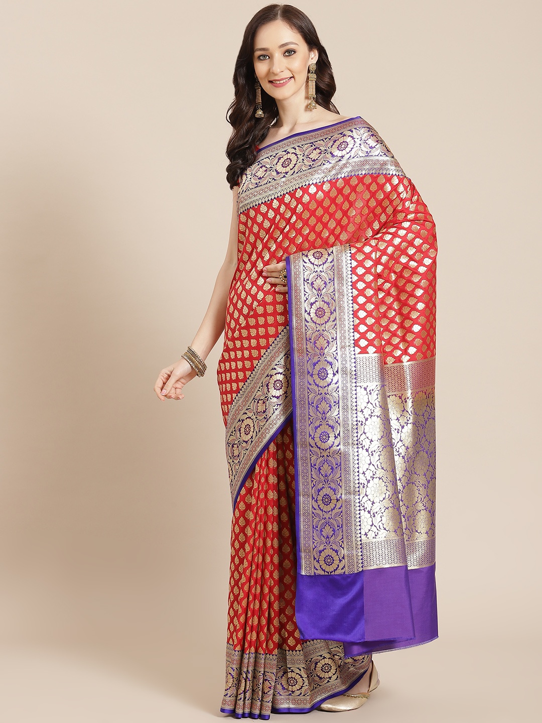 

Banarasi Style Women Red & Blue Ethnic Motifs Banarasi Saree