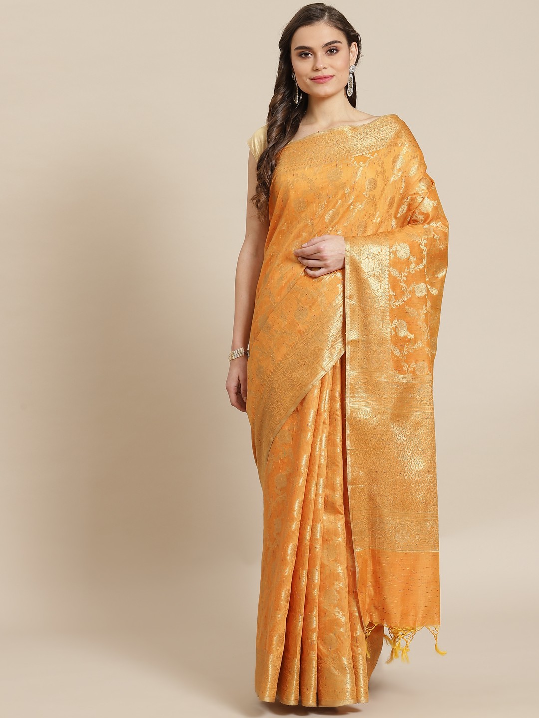 

Banarasi Style Women Orange & Golden Silk Cotton Zari Woven Design Banarasi Saree