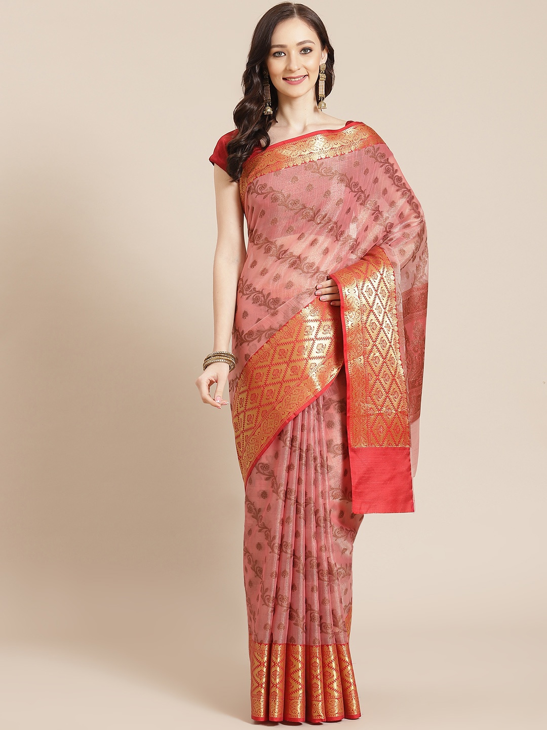 

Banarasi Style Women Pink & Golden Ethnic Motifs Banarasi Saree