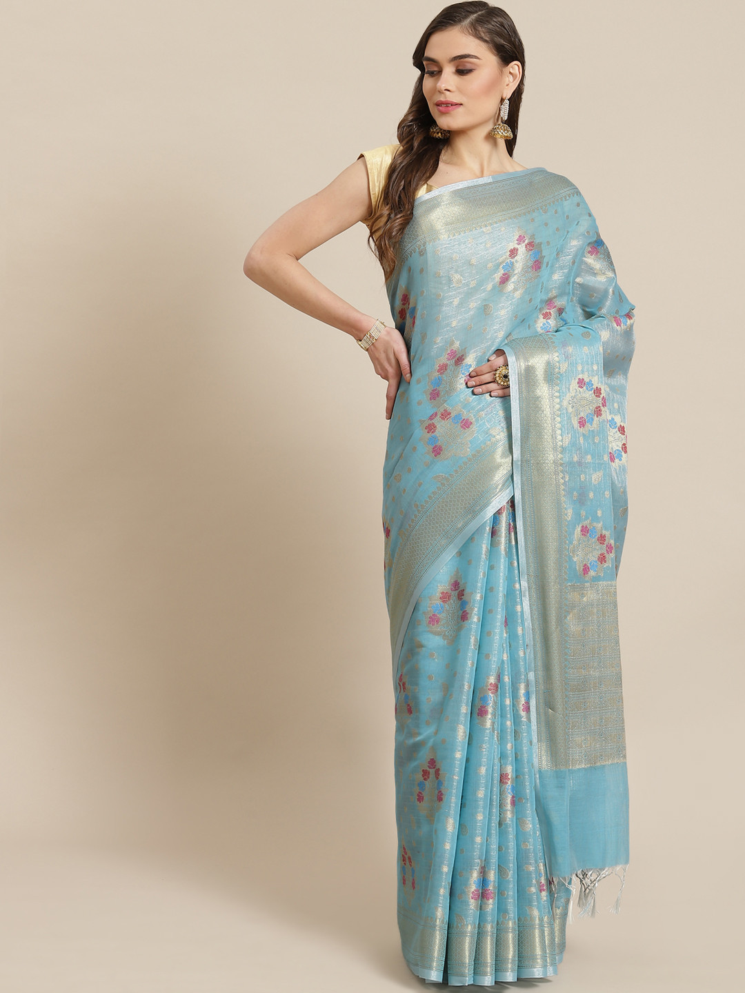 

Banarasi Style Women Blue & Golden Tissue Woven Design Zari Banarasi Saree