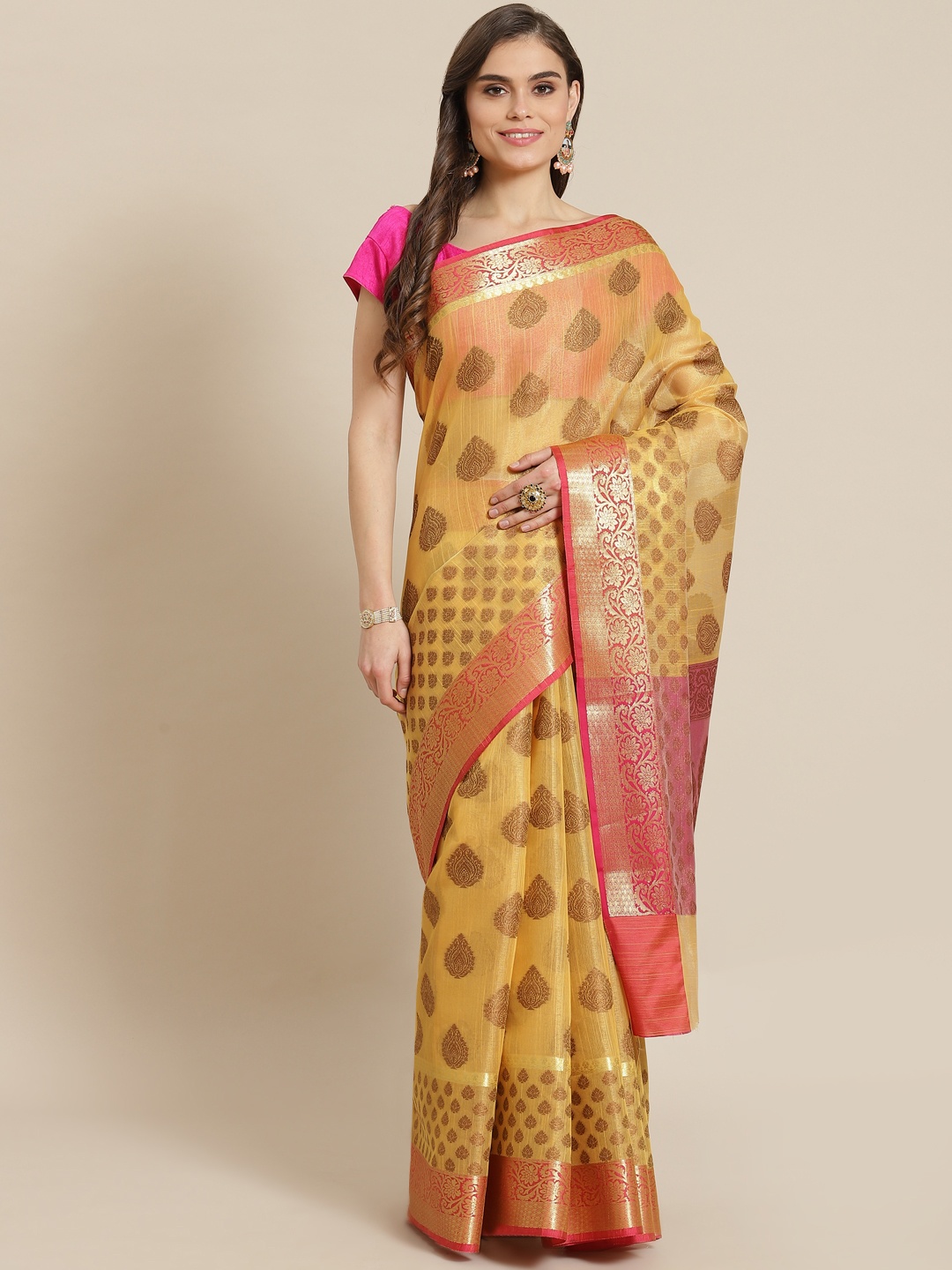 

Banarasi Style Women Yellow & Pink Silk Cotton Zari Woven Design Banarasi Saree