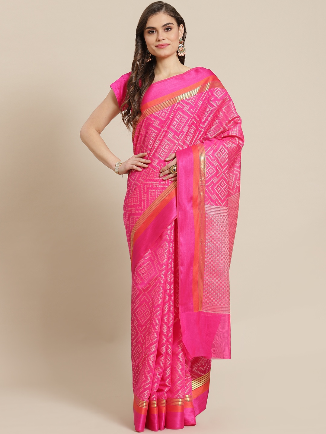 Banarasi Style Women Pink & Golden Silk Blend Woven Design Zari Banarasi Saree