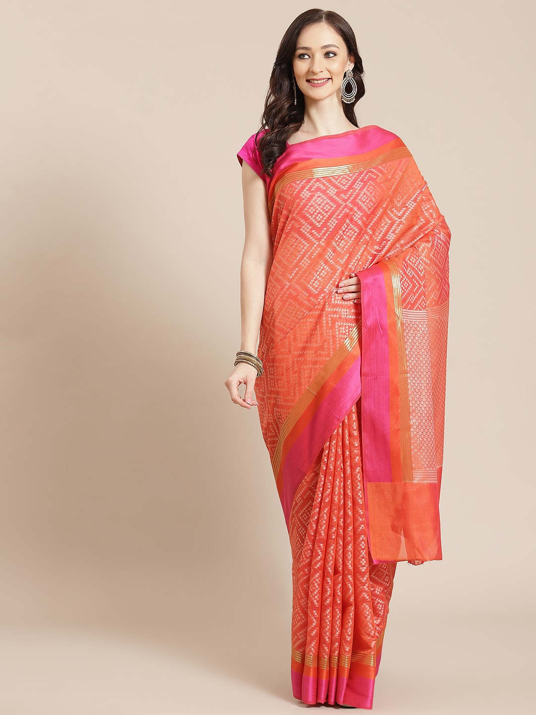 

Banarasi Style Orange Ethnic Motifs Silk Blend Banarasi Saree