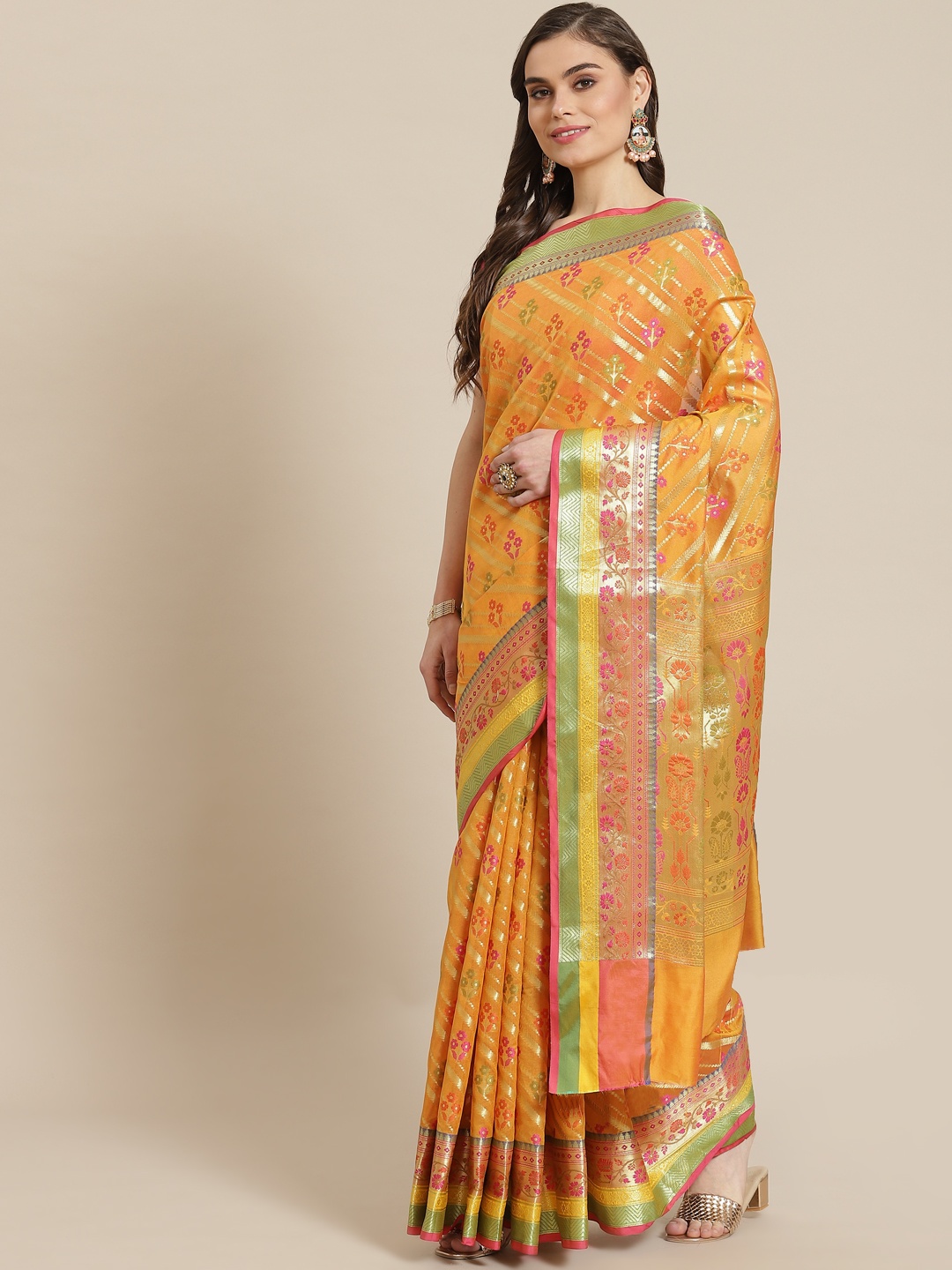 

Banarasi Style Women Mustard & Golden Silk Blend Woven Design Zari Banarasi Saree