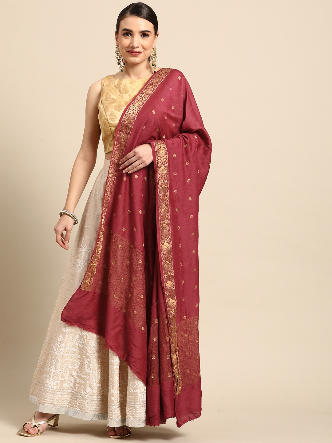 

Banarasi Style Maroon Woven Design Pure Silk Dupatta with Zari