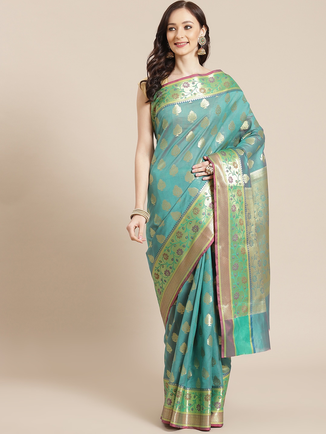 

Banarasi Style Women Turquoise Blue & Golden Ethnic Motifs Banarasi Saree