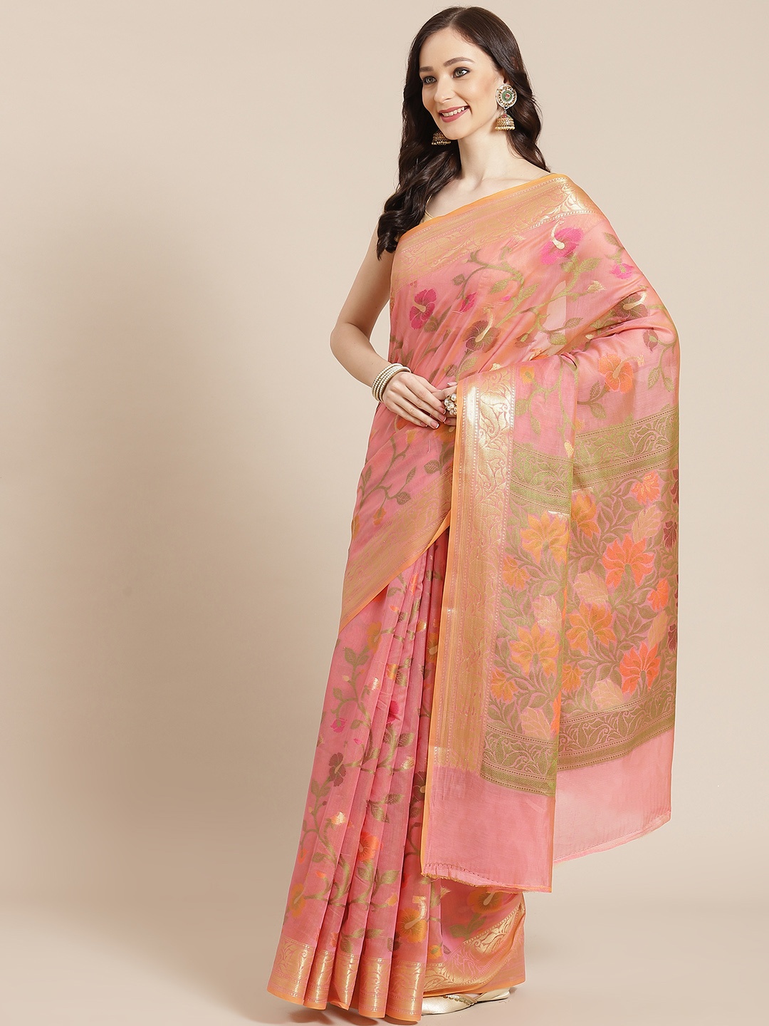 

Banarasi Style Women Pink & Golden Ethnic Motifs Banarasi Saree