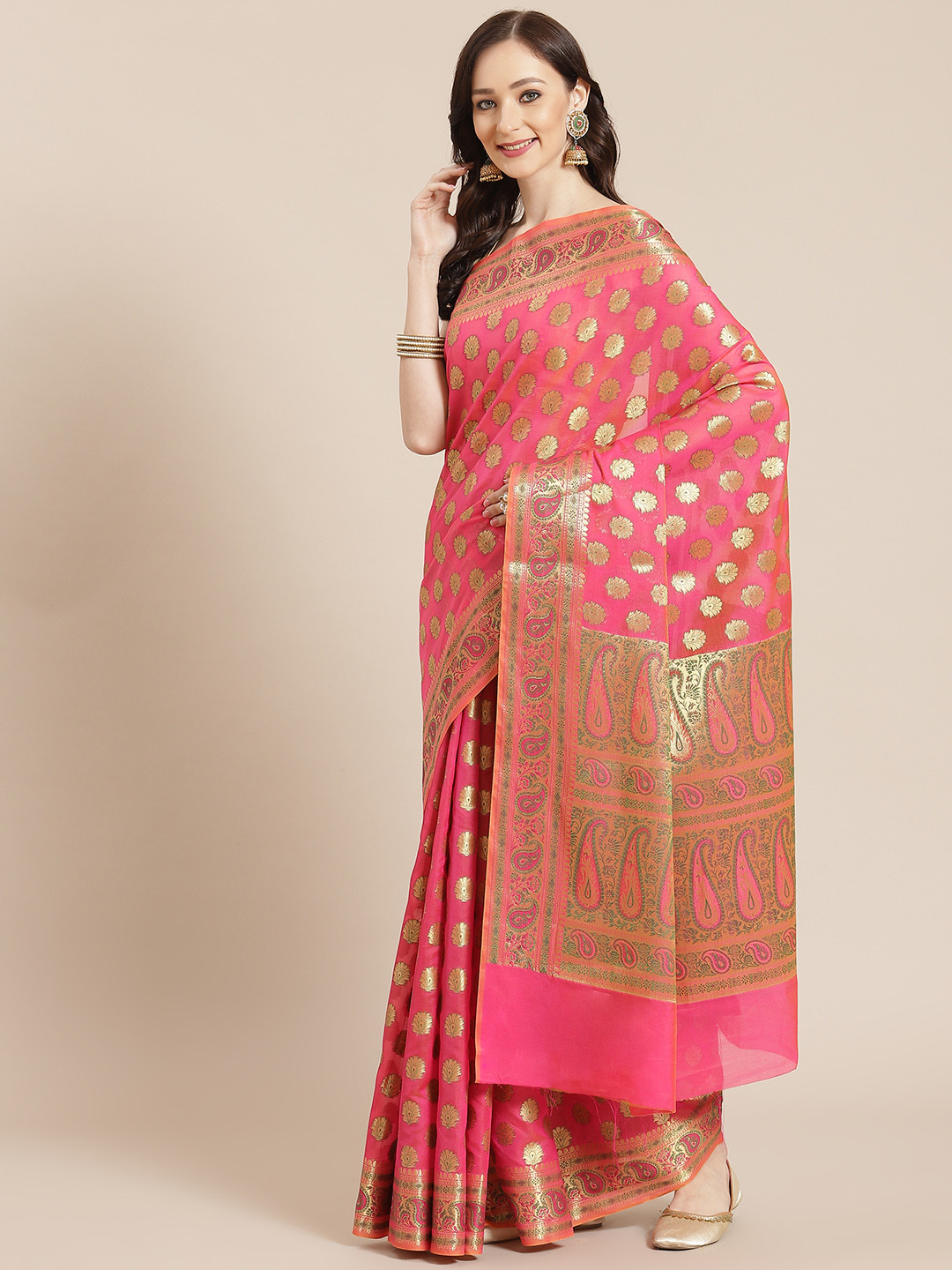 

Banarasi Style Pink Ethnic Motifs Silk Blend Banarasi Saree