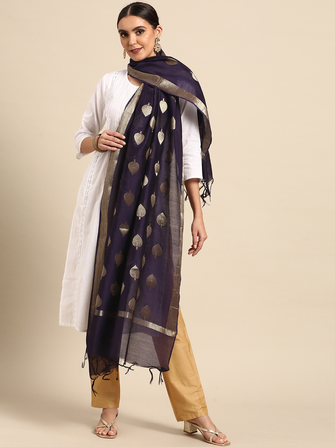 

Banarasi Style Navy Blue Ethnic Motifs Woven Design Cotton Silk Dupatta with Zari