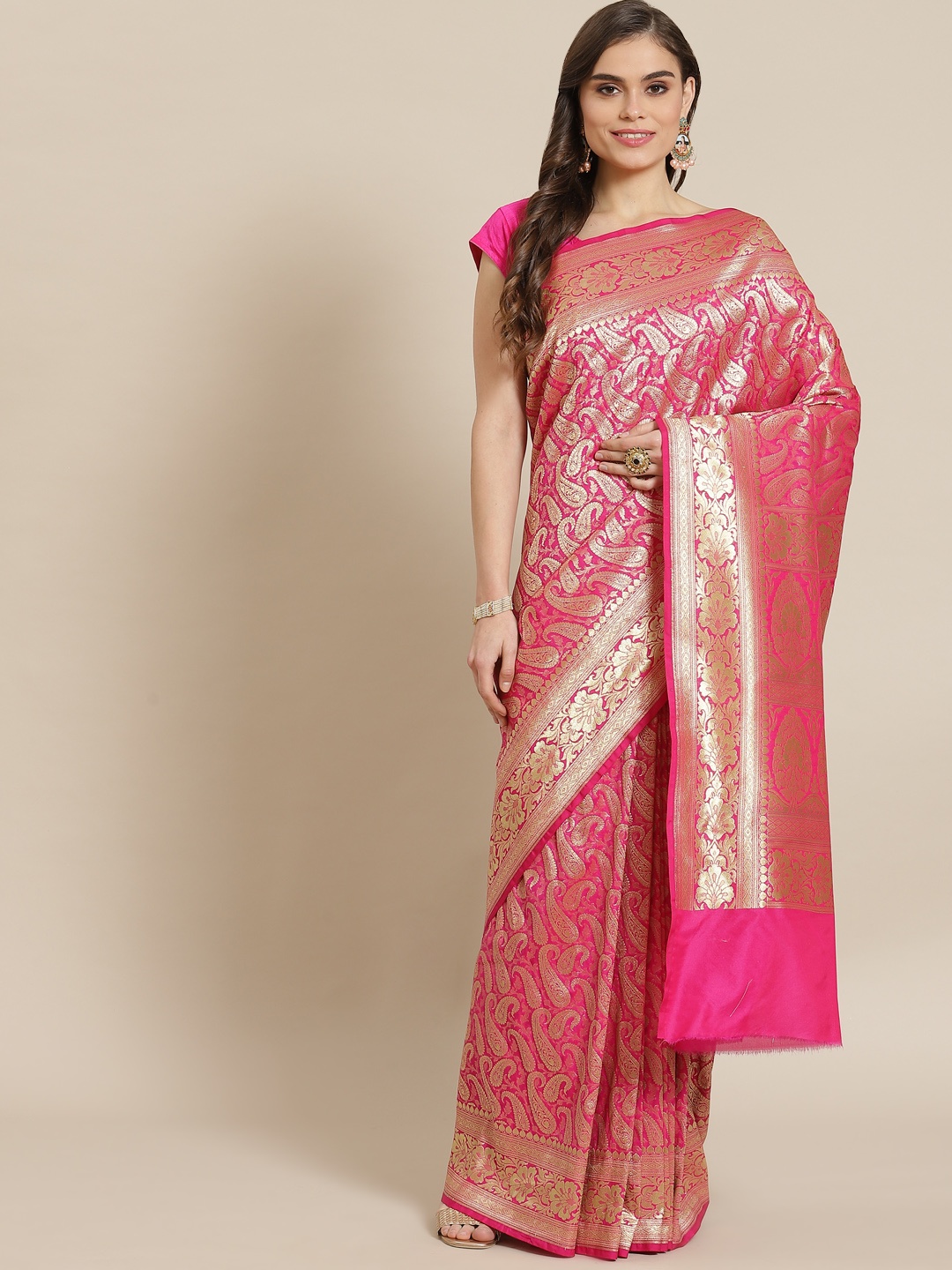 

Banarasi Style Pink & Golden Silk Blend Woven Design Zari Banarasi Saree
