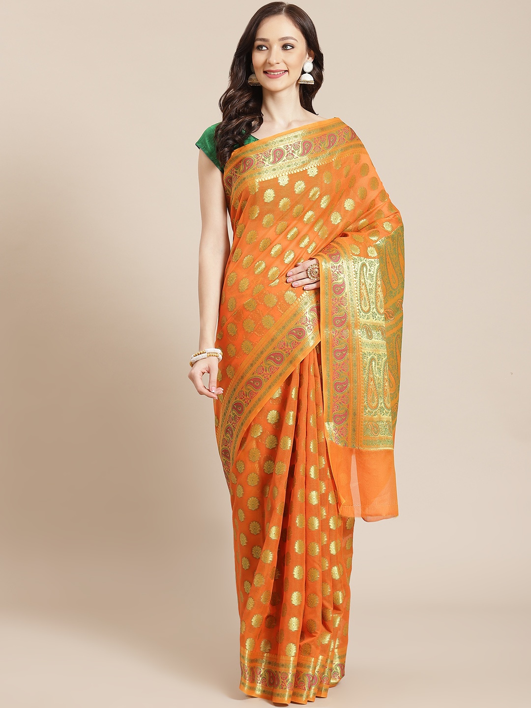 

Banarasi Style Women Orange & Mustard Yellow Ethnic Motifs Banarasi Saree