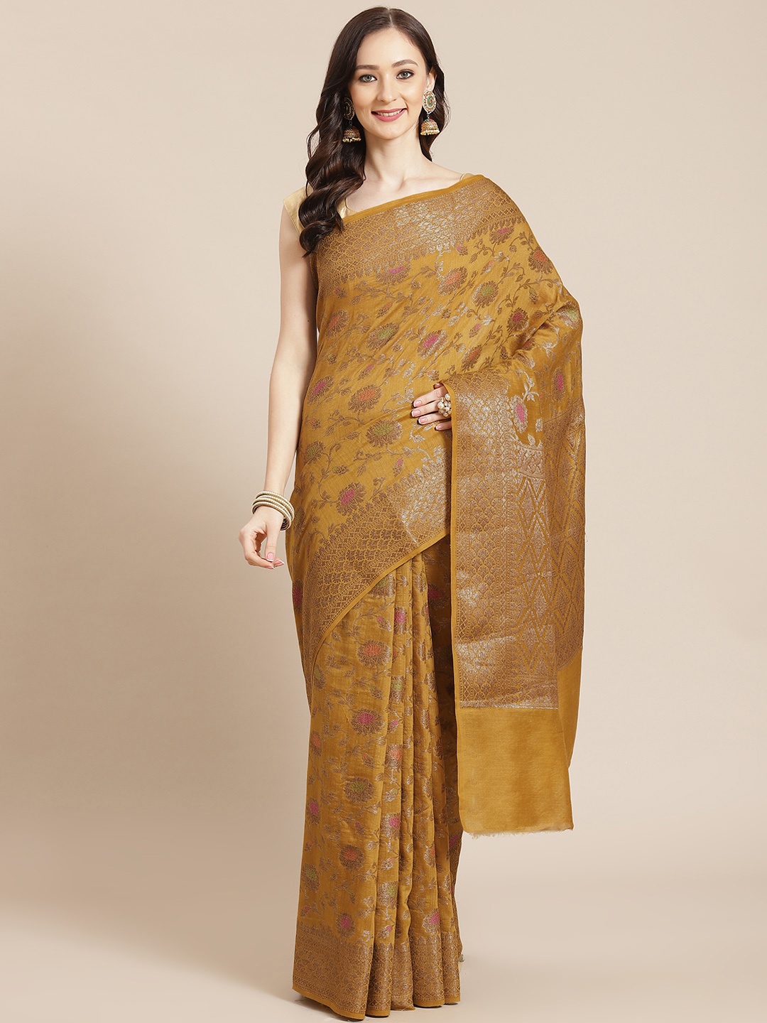 

Banarasi Style Mustard Yellow Floral Pure Silk Muga Saree