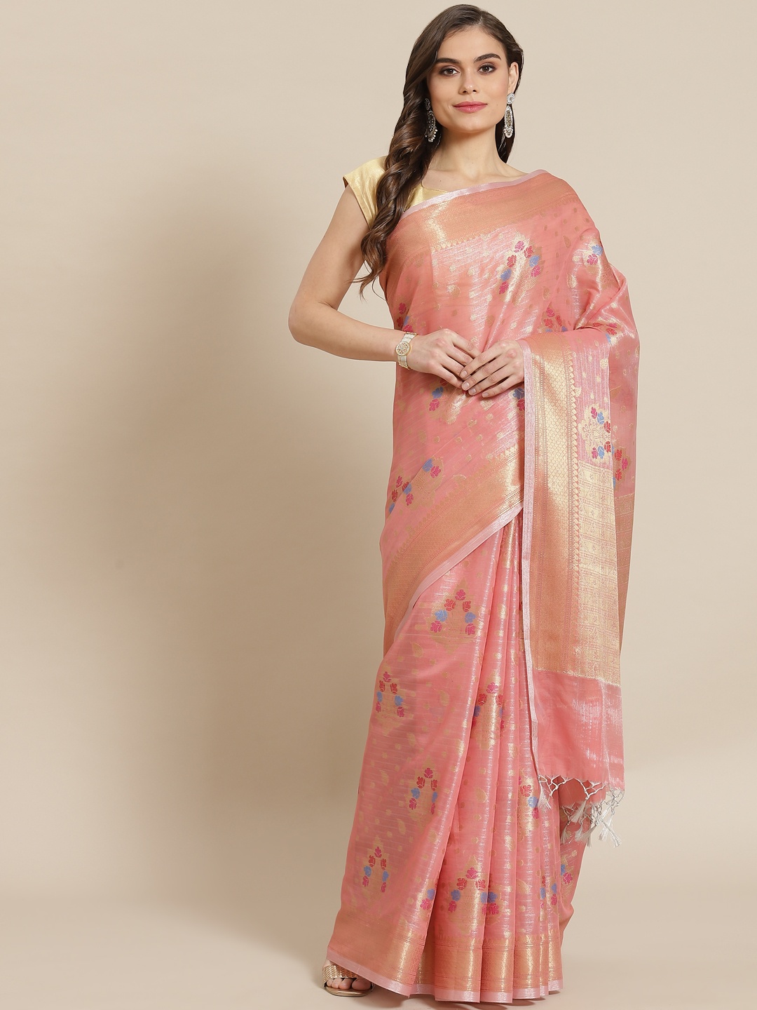 

Banarasi Style Pink & Golden Tissue Woven Design Zari Banarasi Saree