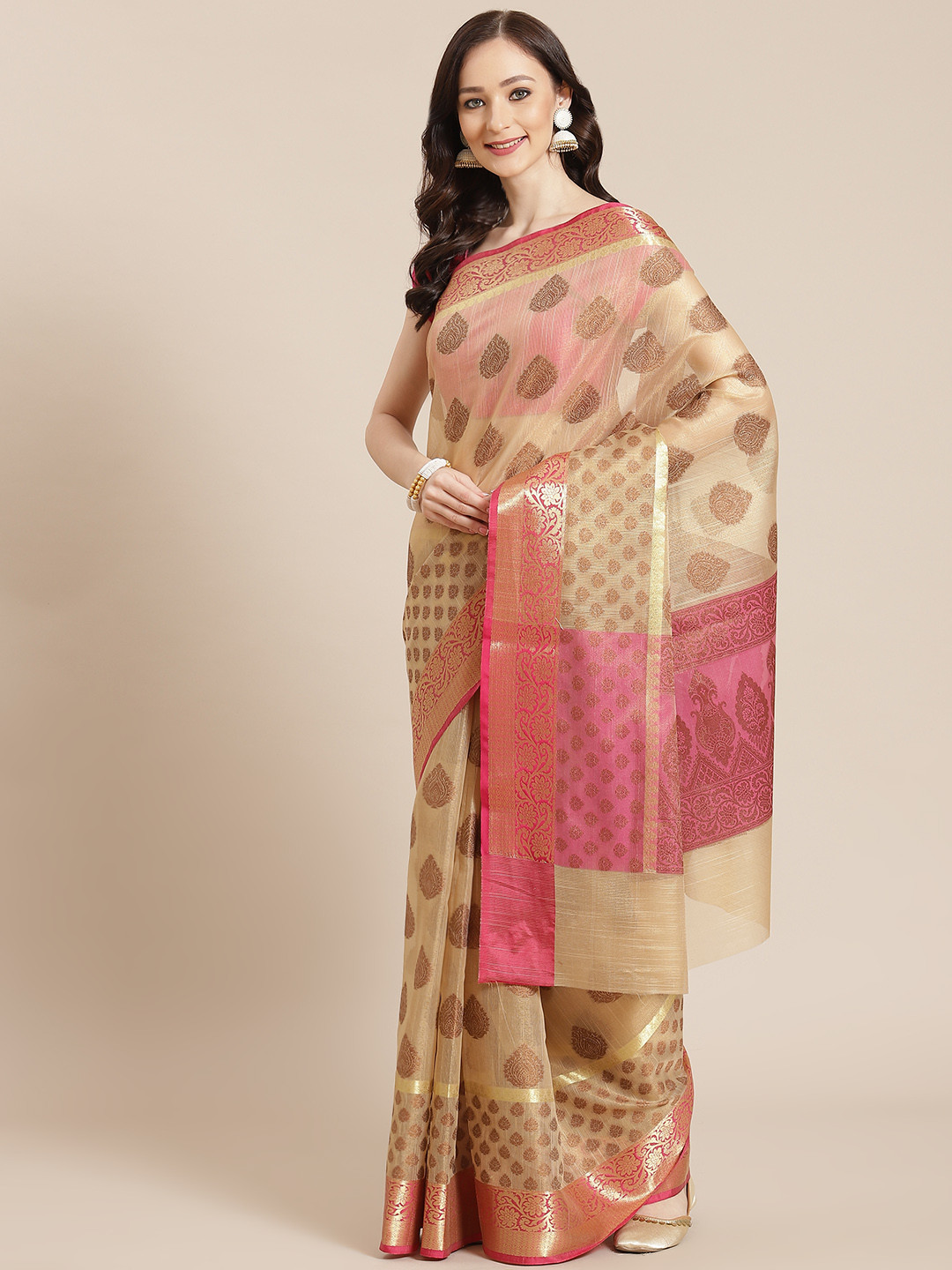 

Banarasi Style Women Beige & Pink Ethnic Motifs Banarasi Saree