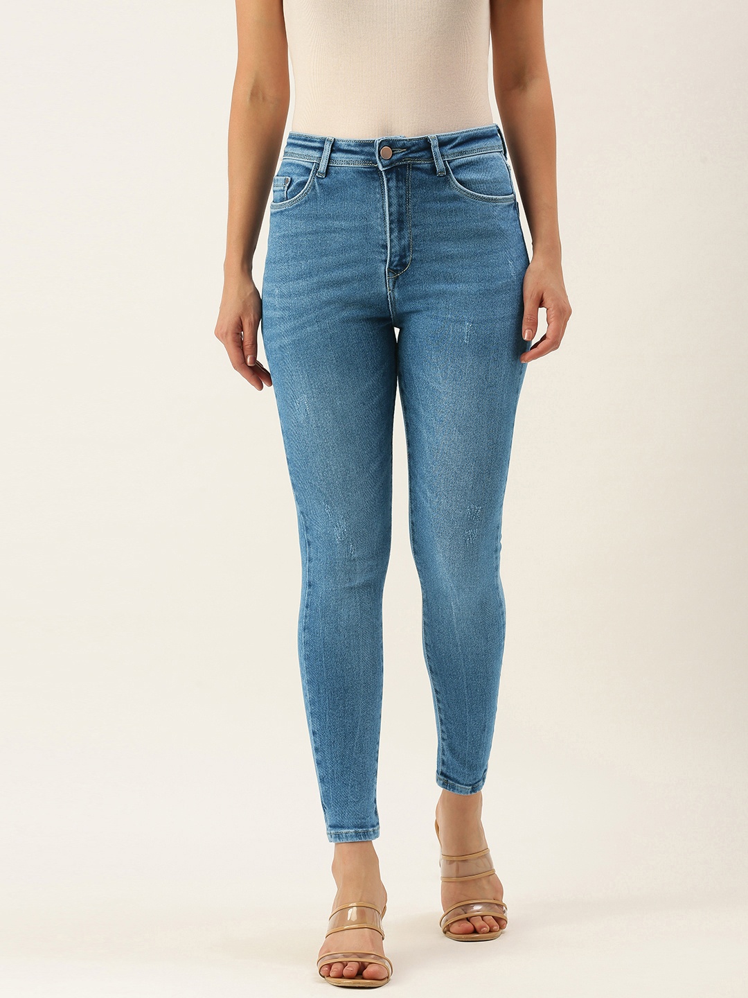 

SHECZZAR Women Blue Cotton Skinny Fit High-Rise Low Distress Light Fade Jeans