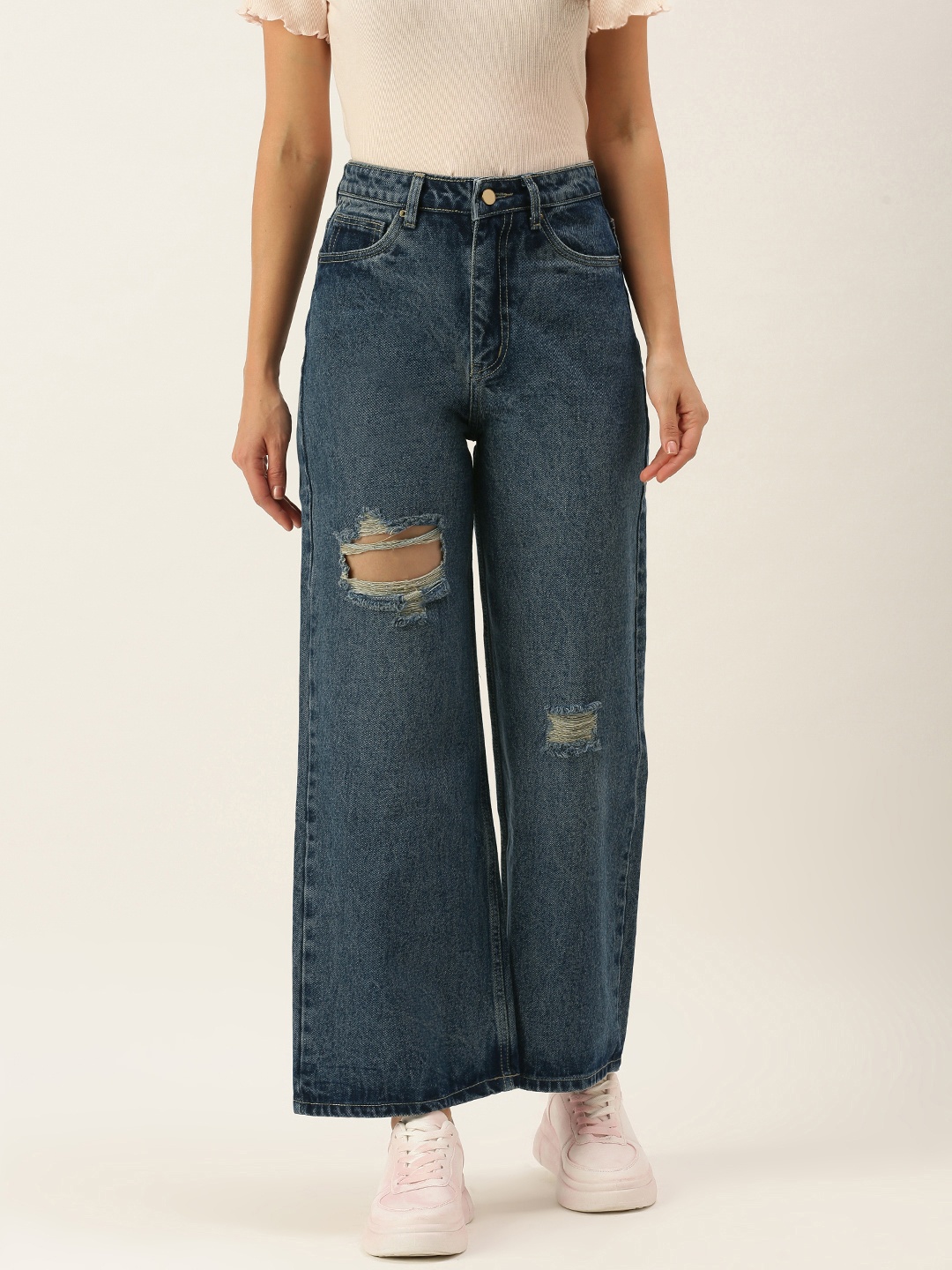 

SHECZZAR Women Blue Cotton Wide Leg High-Rise Mildly Distressed Light Fade Jeans