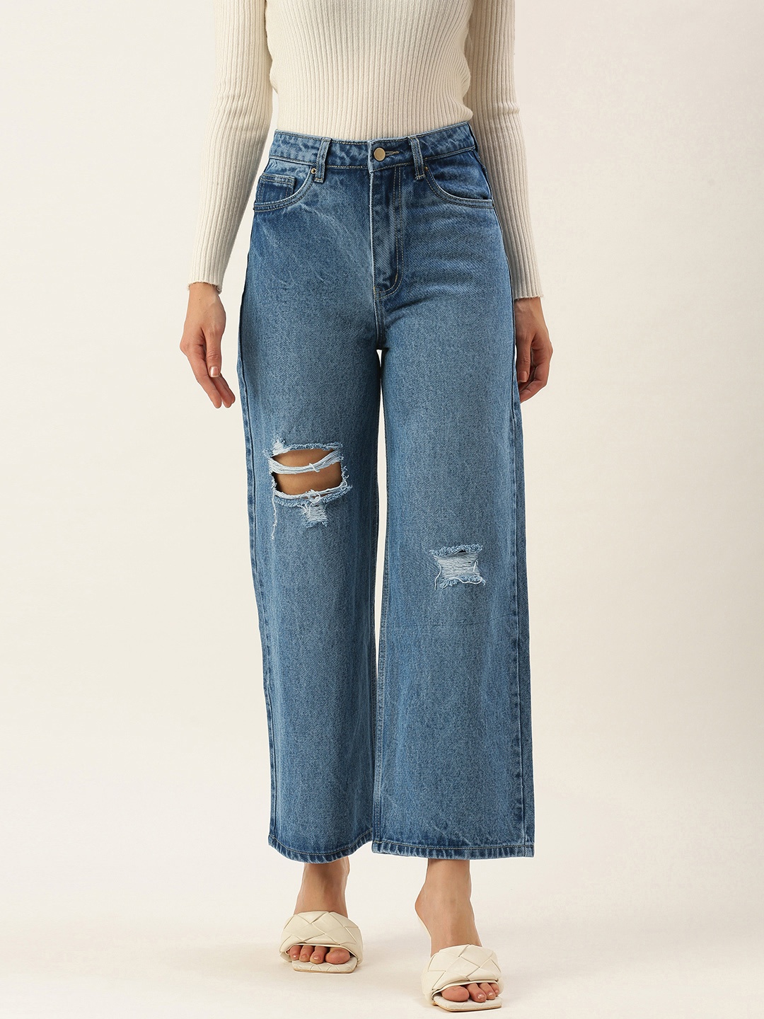 

SHECZZAR Women Blue Cotton Wide Leg High-Rise Mildly Distressed Light Fade Jeans