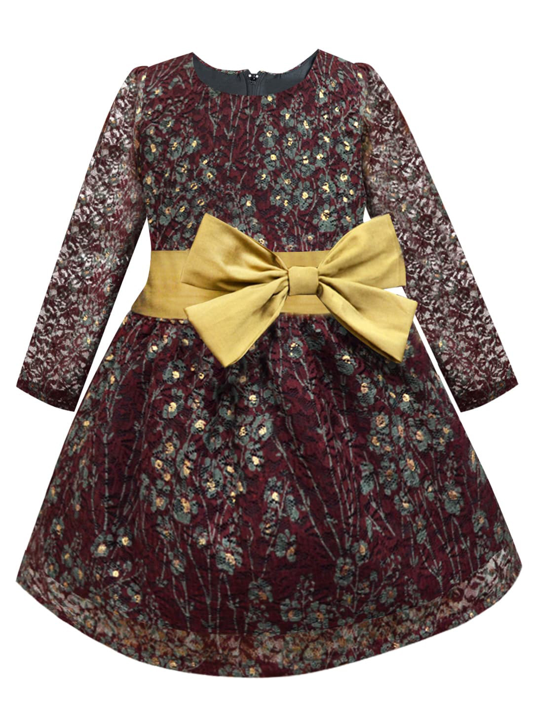 

A.T.U.N. Girls Maroon Floral Lace Double Bow Dress