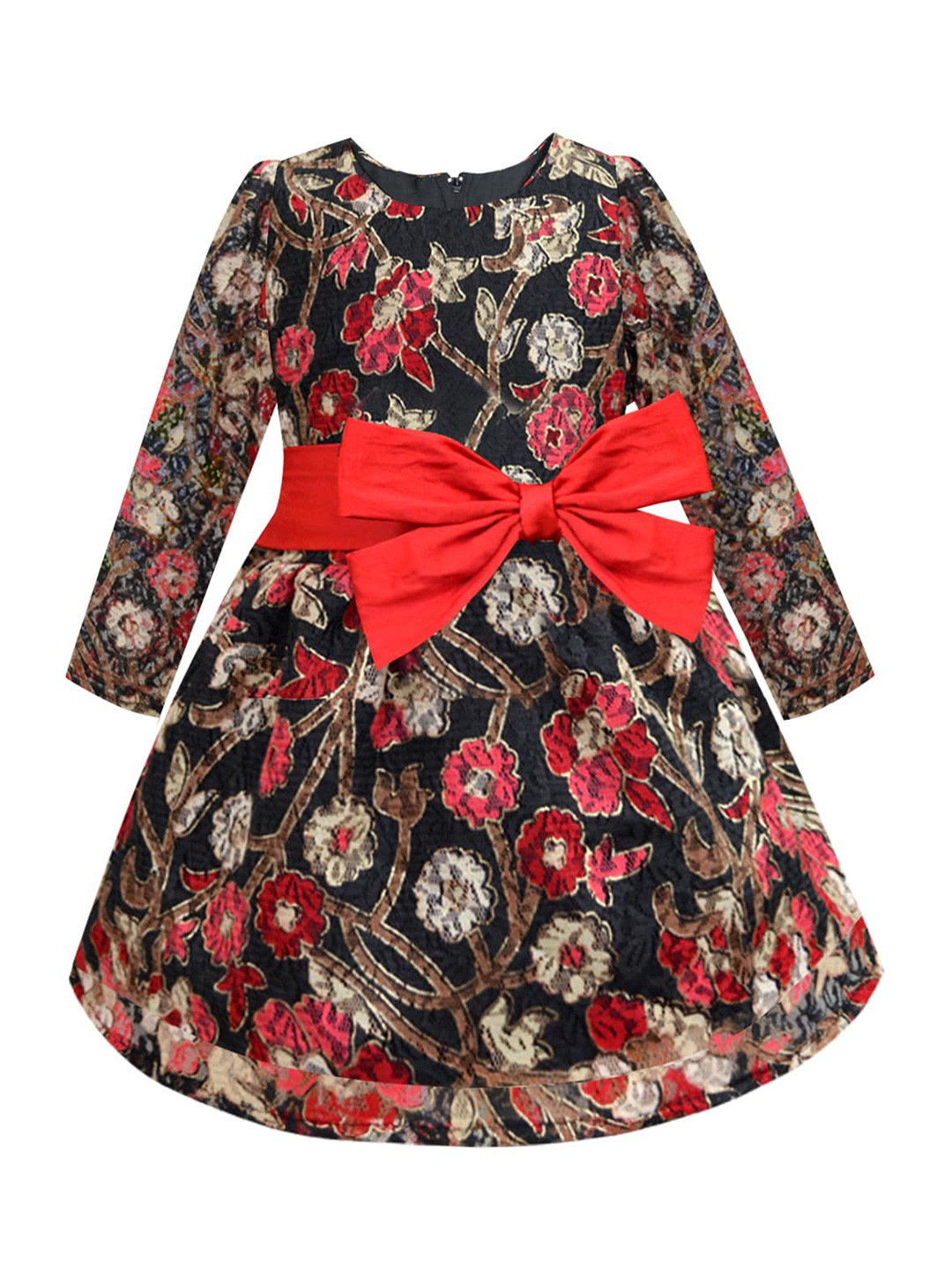 

A T U N Girls Black & Red Floral Lace Dress with Bow Detail