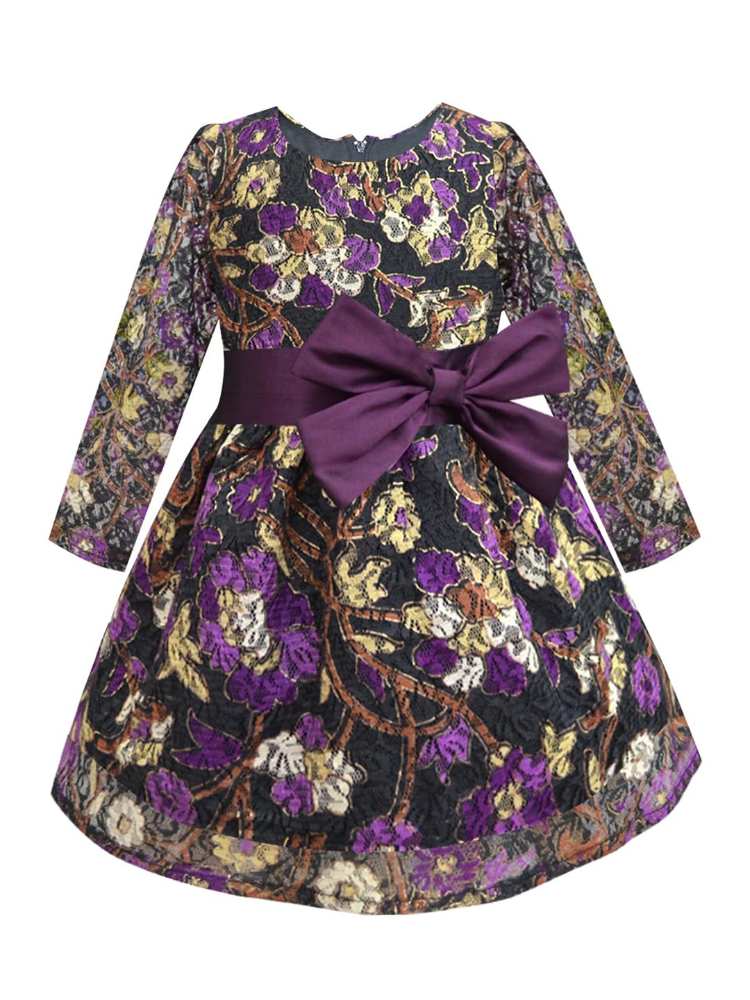 

A.T.U.N. Girls Black & Purple Floral Printed Lace Fit & Flare Dress