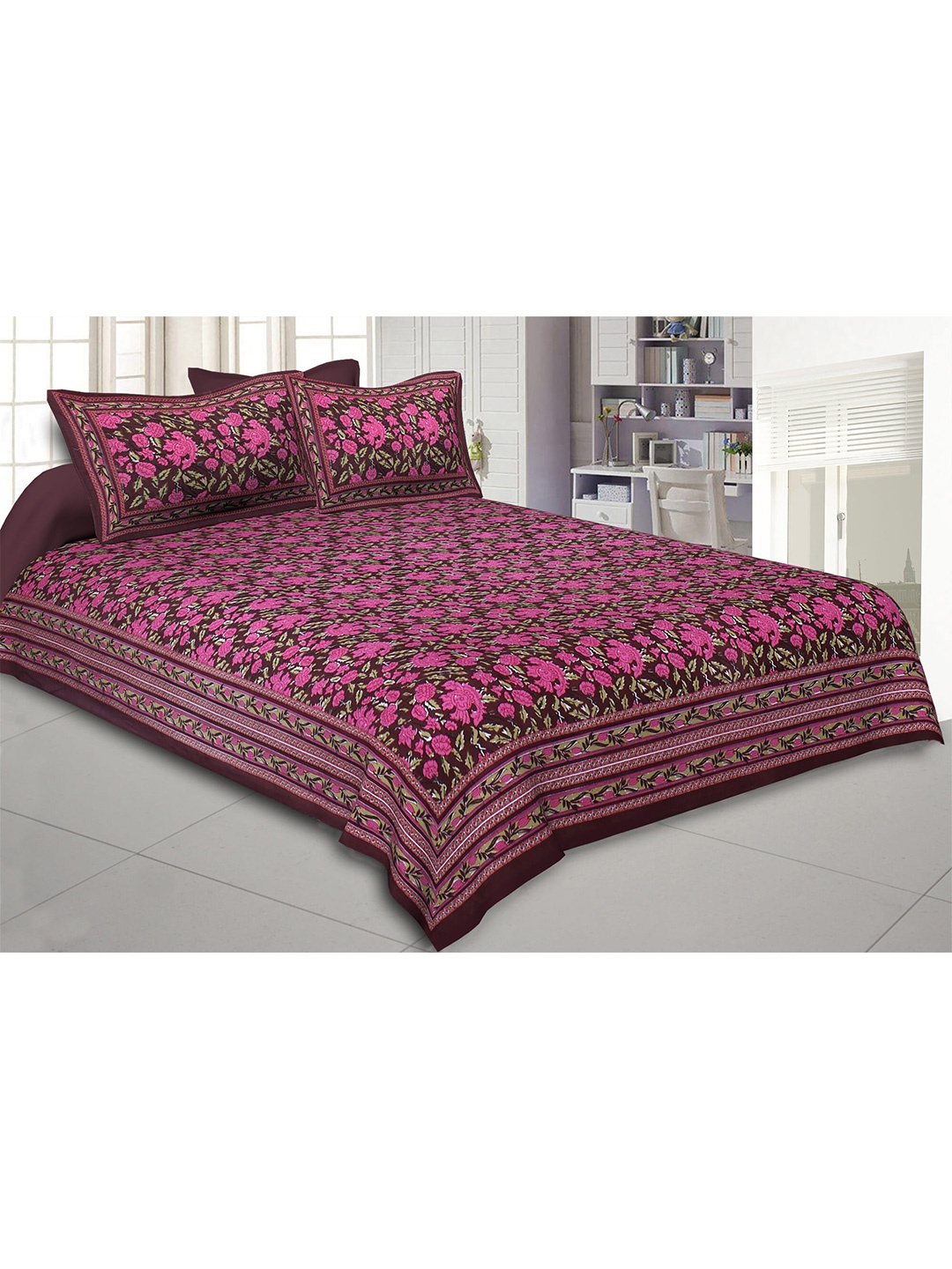 

JAIPUR FABRIC Maroon & Magenta Floral 240 TC Cotton Queen Bedsheet with 2 Pillow Covers