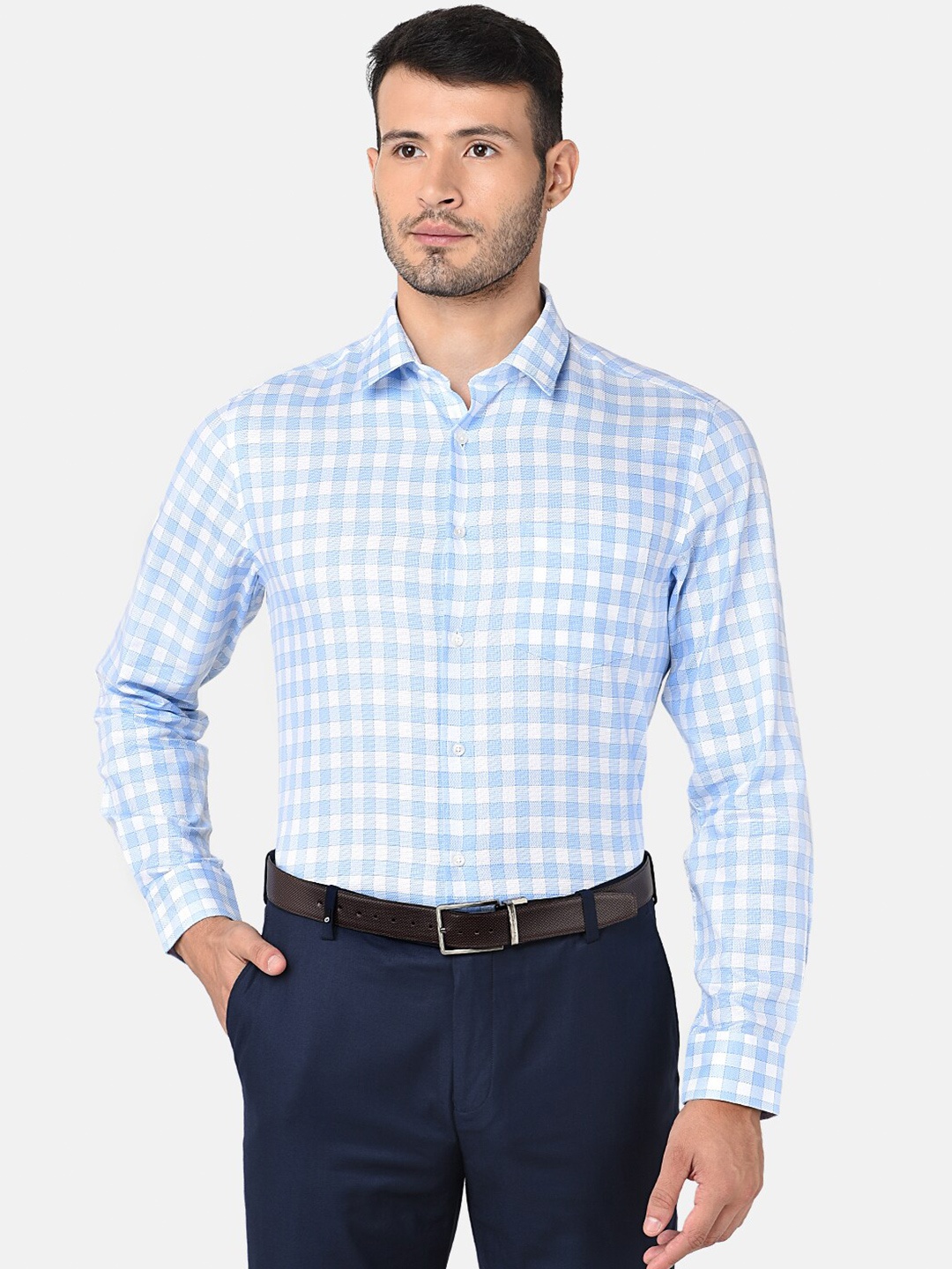 

J Hampstead Men Blue & White Classic Gingham Checked Cotton Formal Shirt