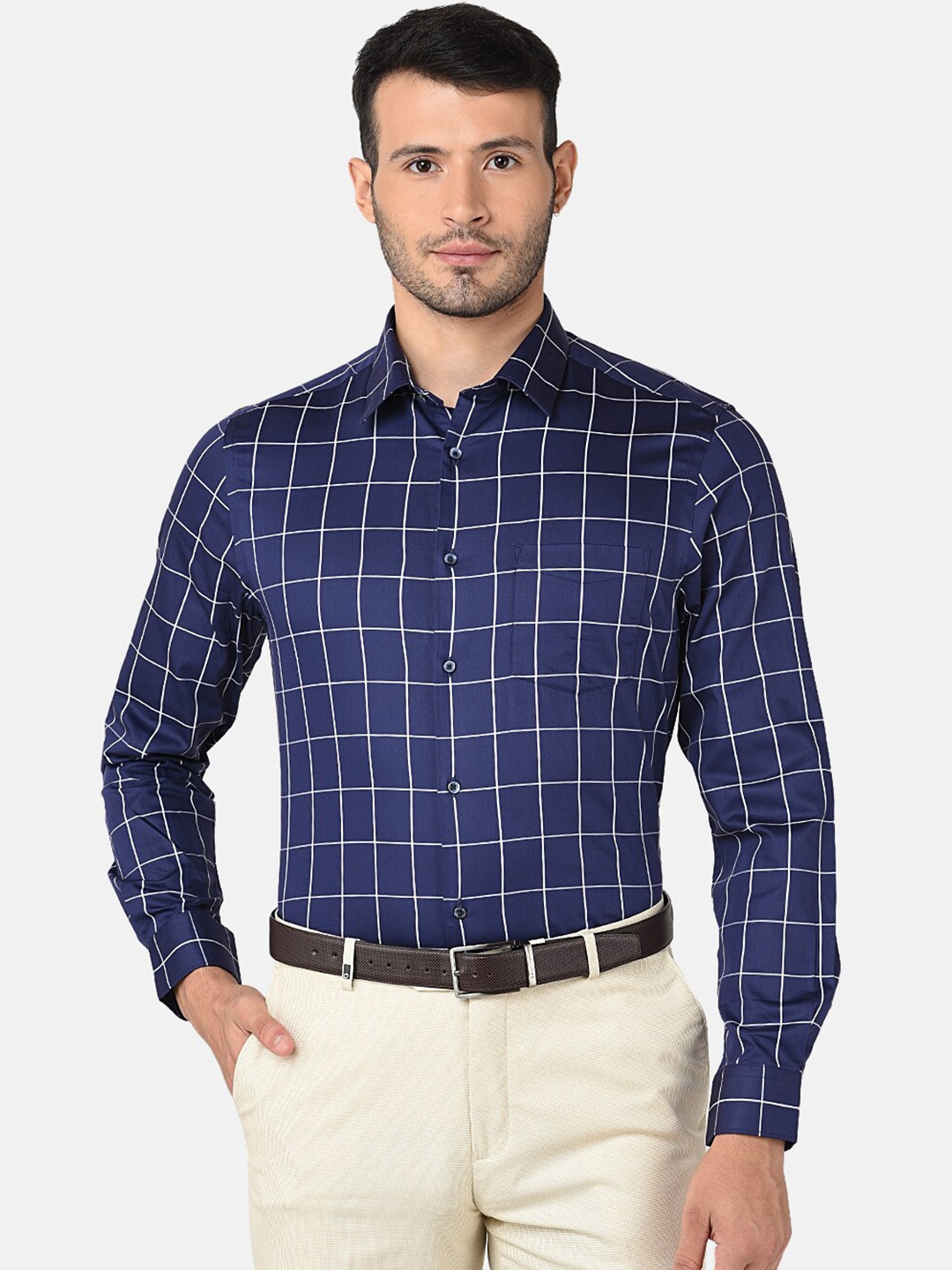 

J Hampstead Men Navy Blue Classic Windowpane Checks Checked Formal Shirt