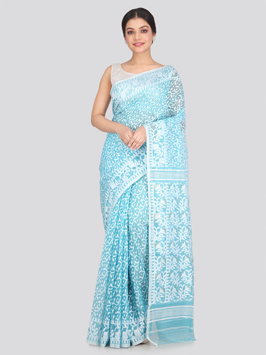 

PinkLoom Blue & White Woven Design Pure Cotton Jamdani Saree