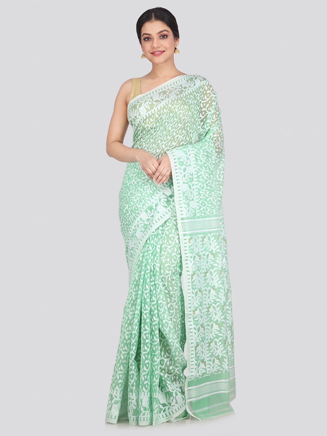 

PinkLoom Green & White Woven Design Pure Cotton Jamdani Saree