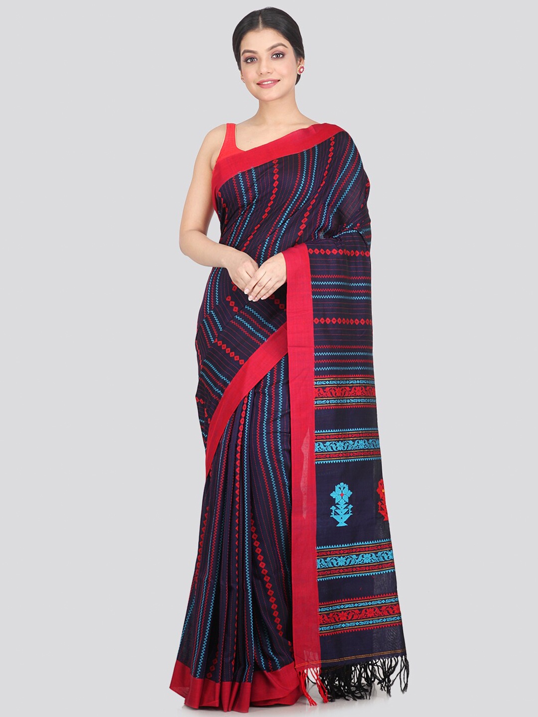 

PinkLoom Navy Blue & Red Woven Design Pure Cotton Saree