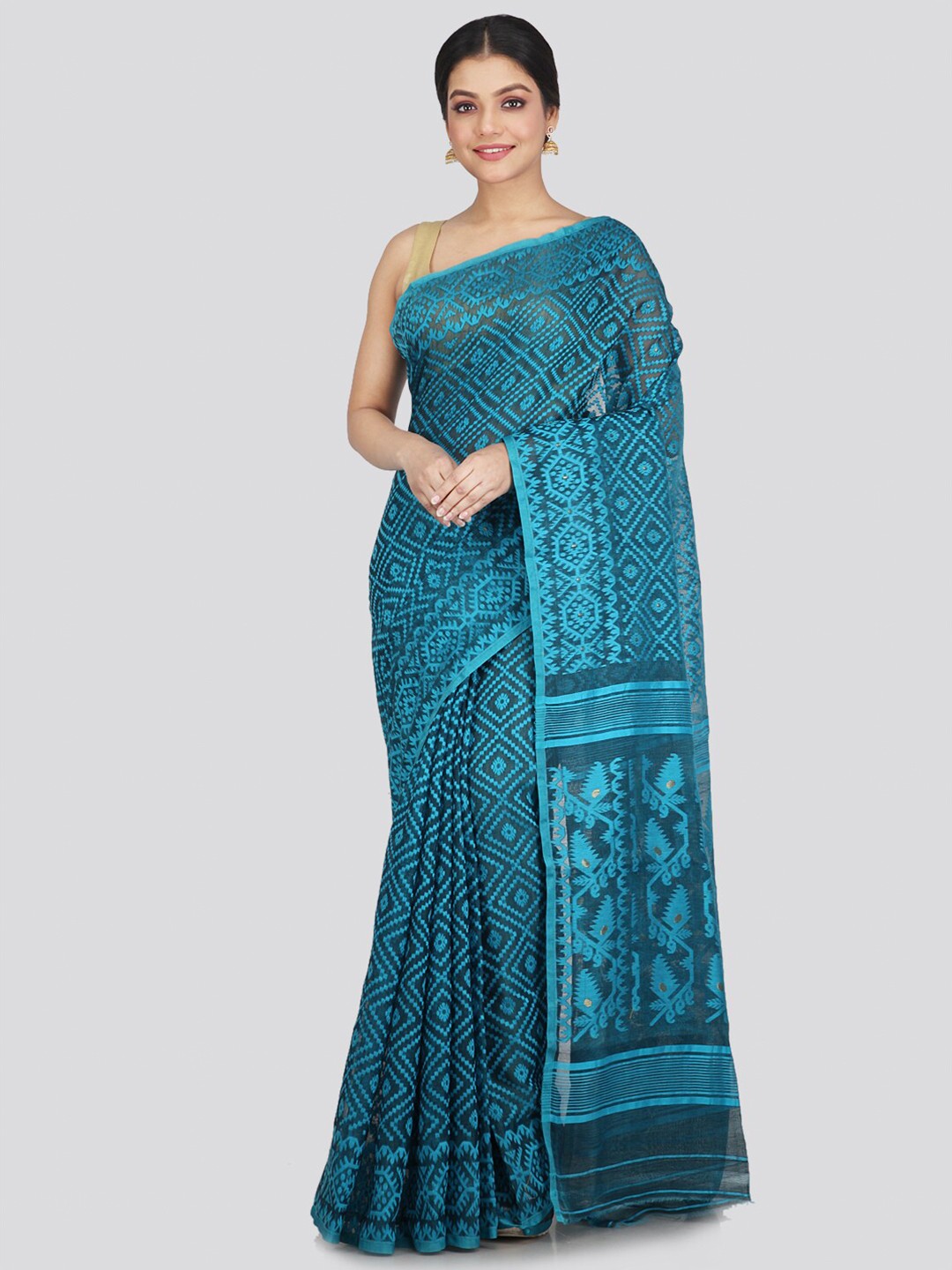 

PinkLoom Blue & Teal Woven Design Pure Cotton Jamdani Saree