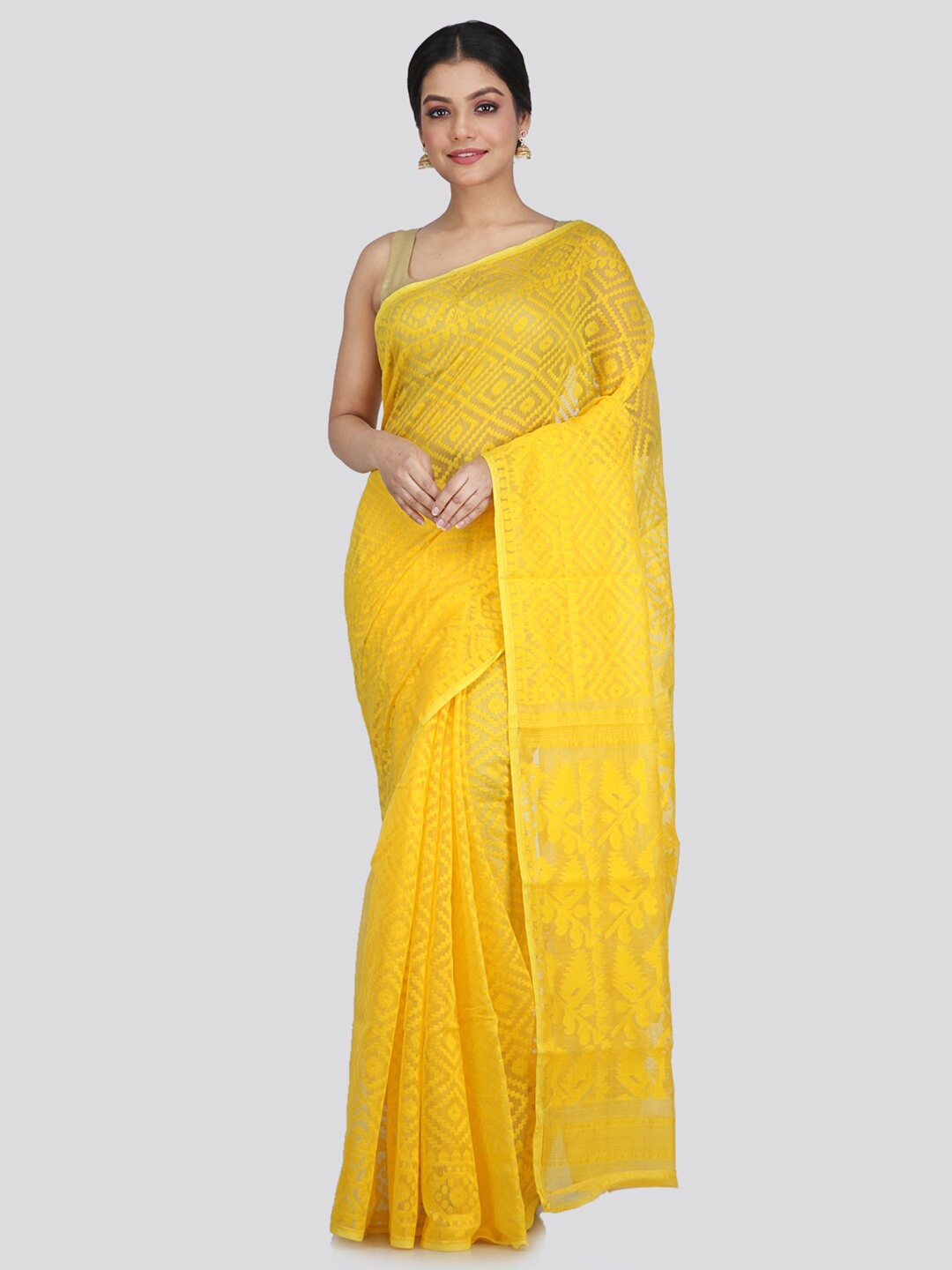 

PinkLoom Women Yellow Woven Design Pure Cotton Jamdani Saree