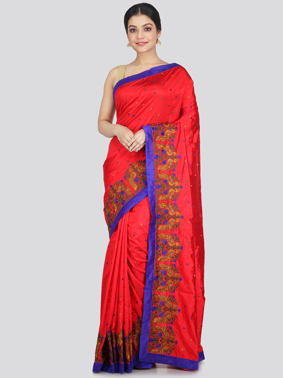 

PinkLoom Red & Blue Ethnic Motifs Embroidered Pure Silk Saree