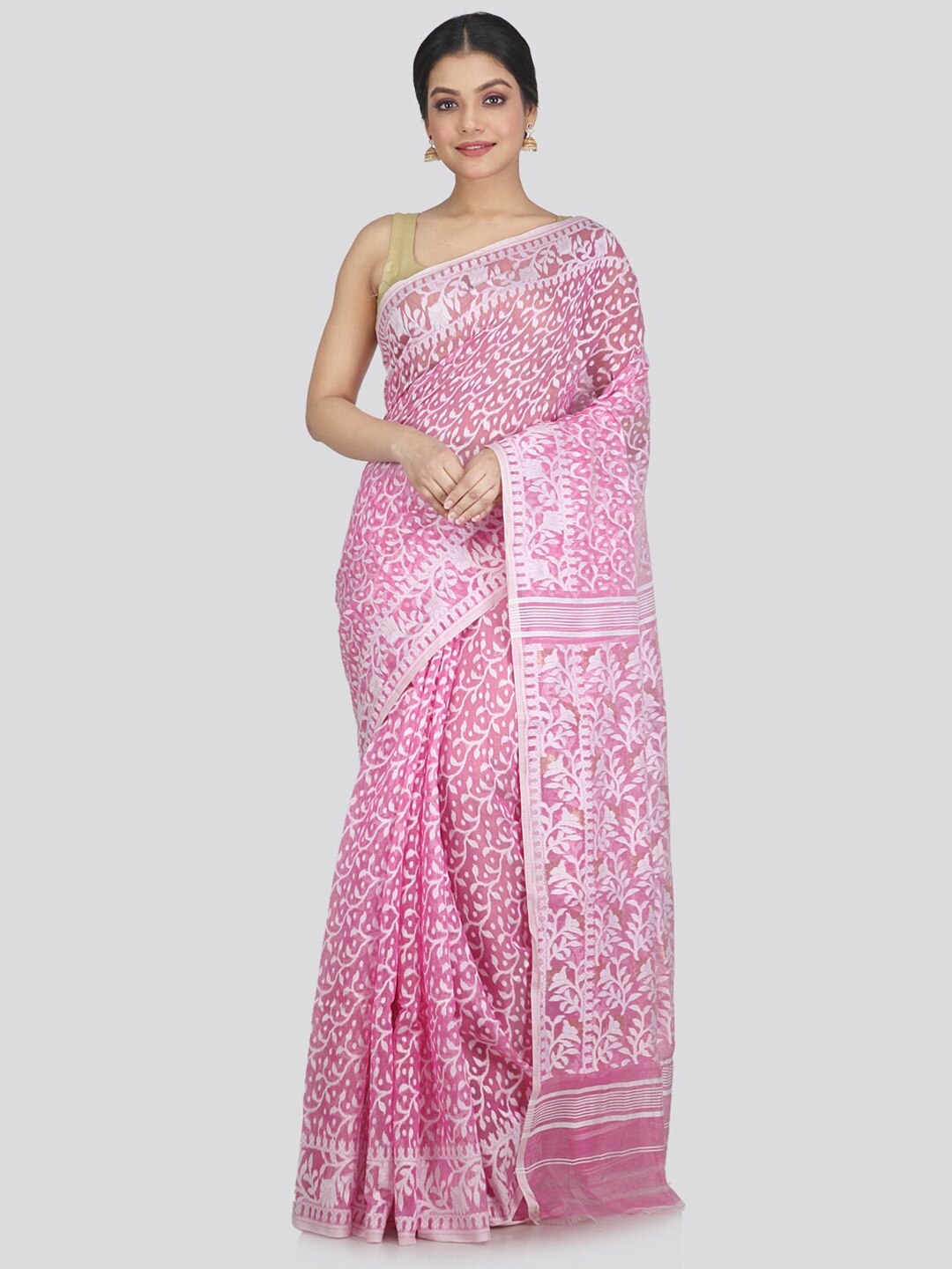

PinkLoom Pink & White Woven Design Pure Cotton Jamdani Saree