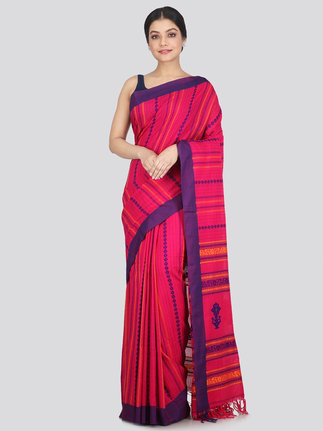 

PinkLoom Women Pink & Blue Woven Design Pure Cotton Saree